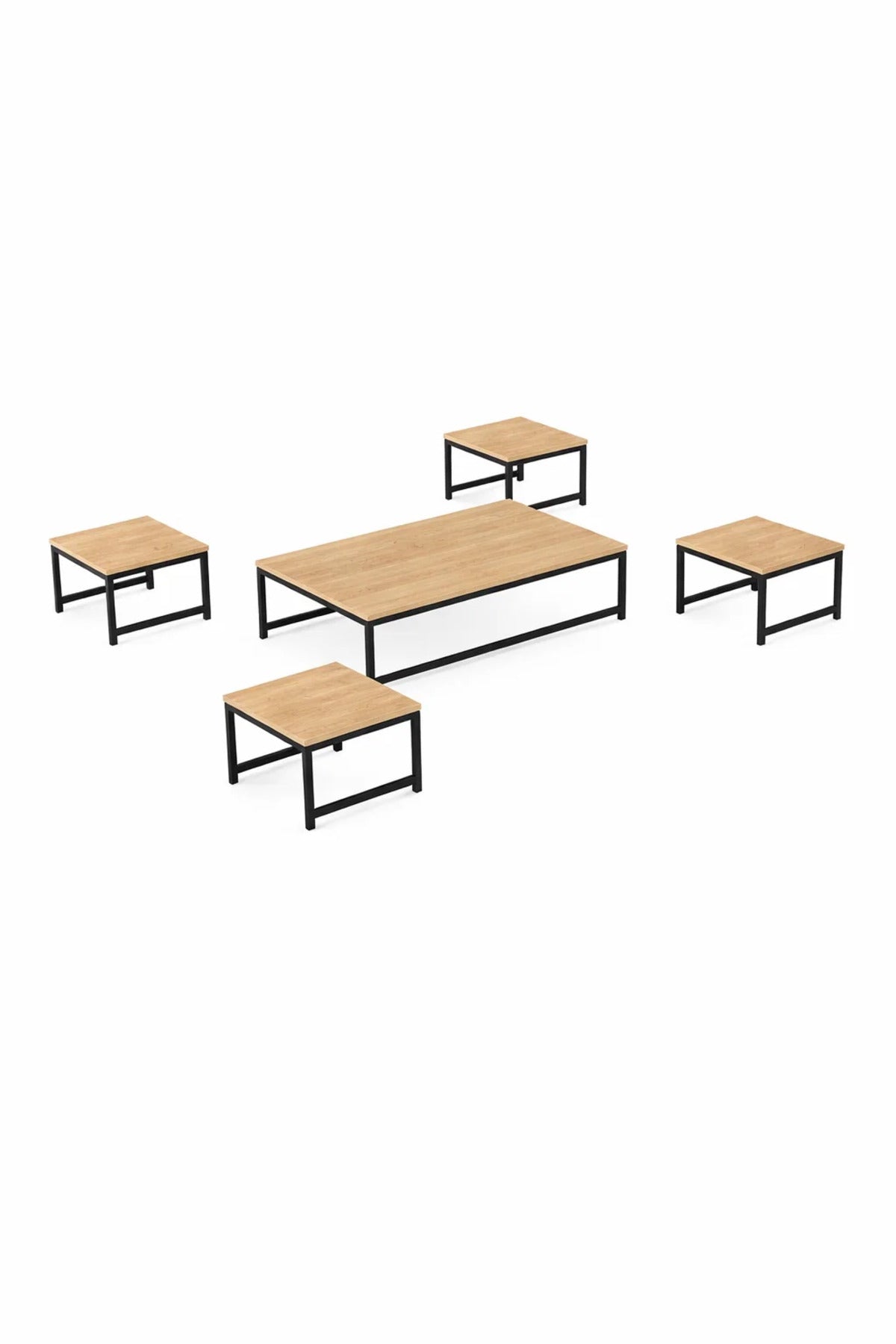 Modern 5-Piece Low Center Table Set Wood Top Black Metal Frame for Living Room Floor Seating