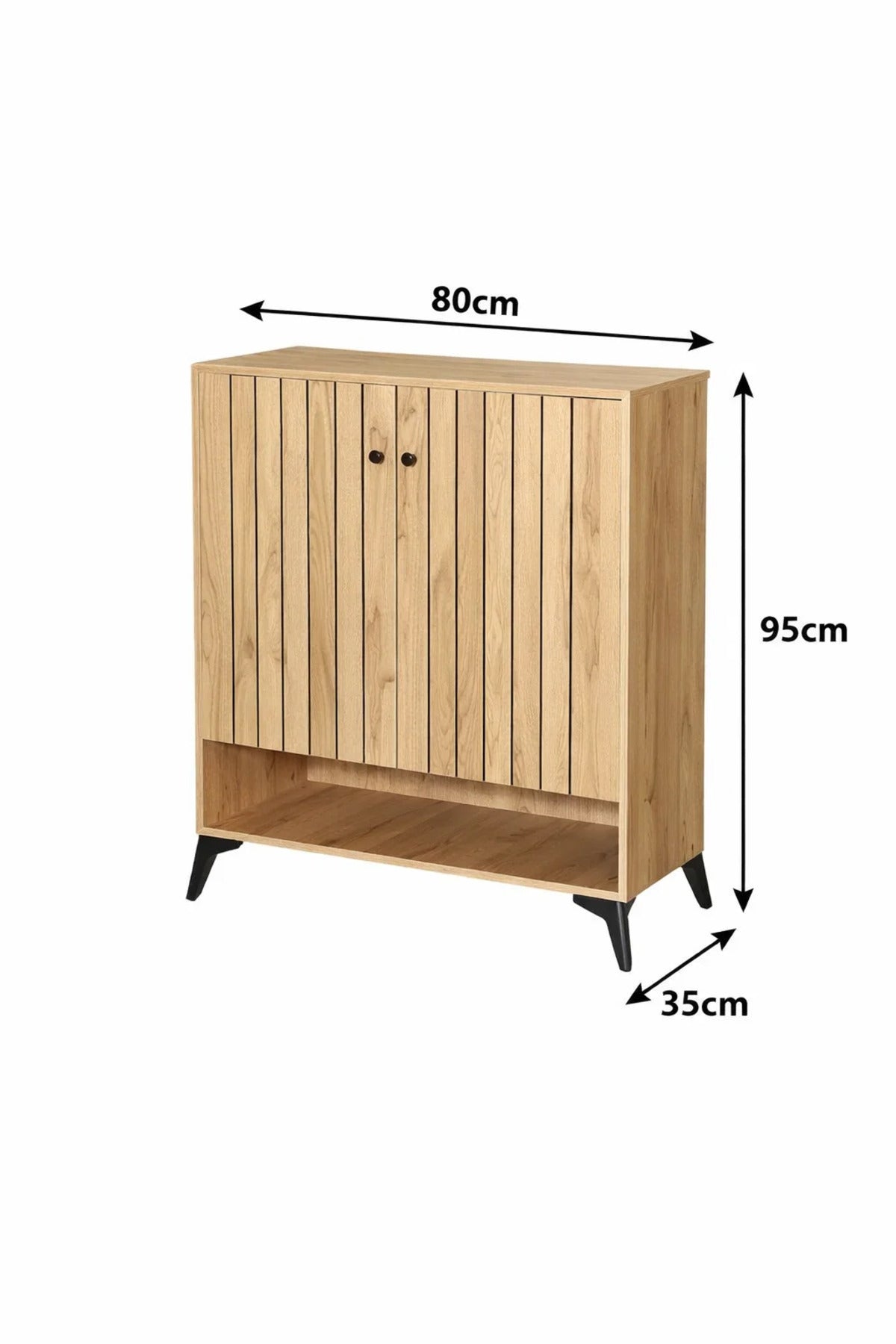 Modern Oak Wood Shoe Cabinet Storage Rack with Slatted Doors and Open Shelf for Home Hallway