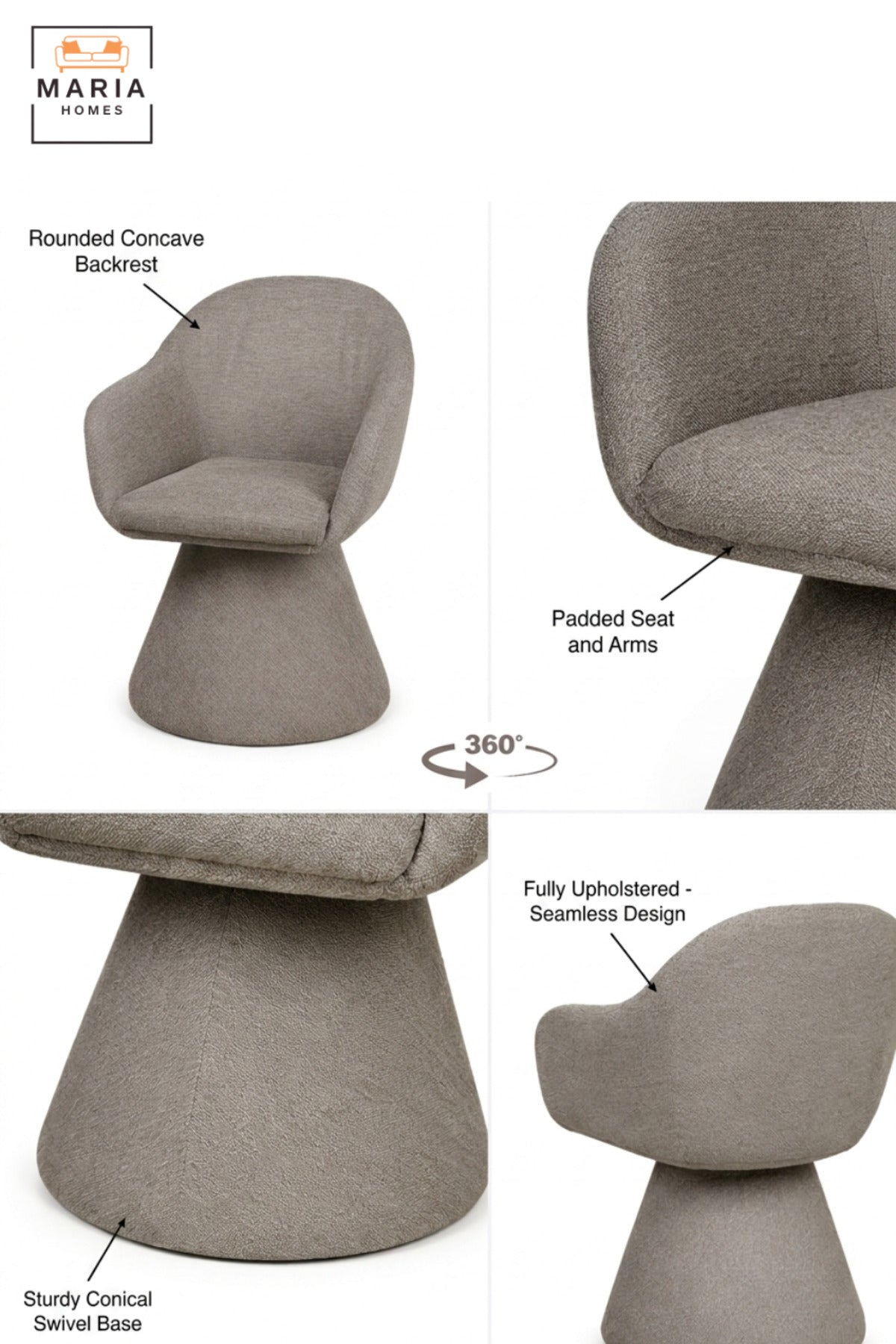 Modern 360° Swivel Dining Chair with Curved Backrest, Integrated Armrests, Upholstered Seat & Sculptural Pedestal Base for Dining Room
