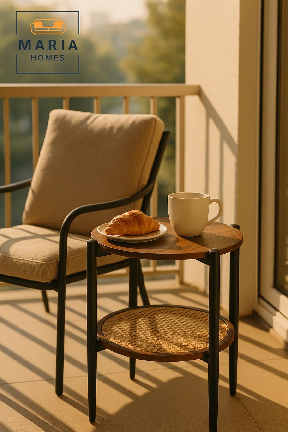 Modern Coffee Brown Side Table √ê Round Coffee Table with Rattan Storage Shelf 45_45_55 cm