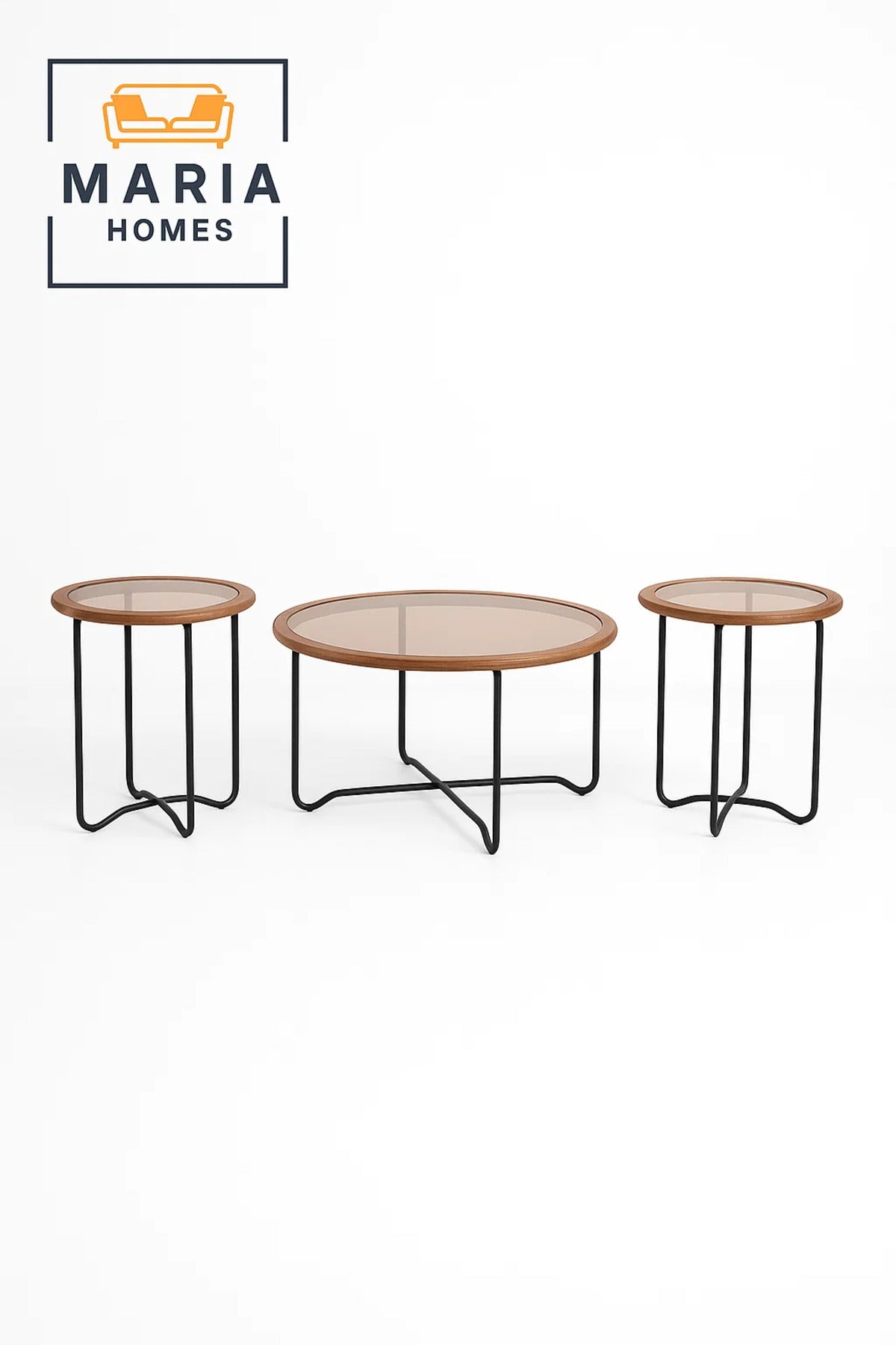 3-Piece Round Glass Coffee Table Set with Curved Metal Base Ð Walnut & Black