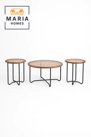 3-Piece Round Glass Coffee Table Set with Curved Metal Base Ð Walnut & Black