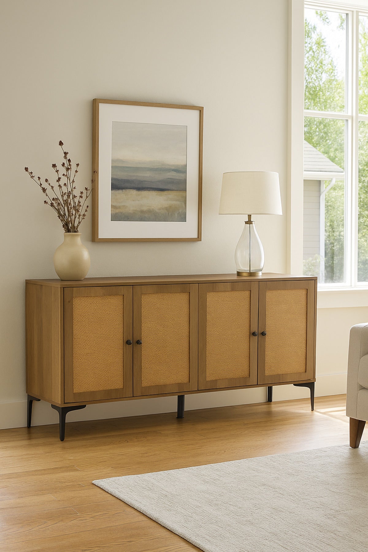 Brown Rattan Console Table 160_40_85 cm Ð Modern Wooden 4-Door Storage Cabinet with Black Metal Legs