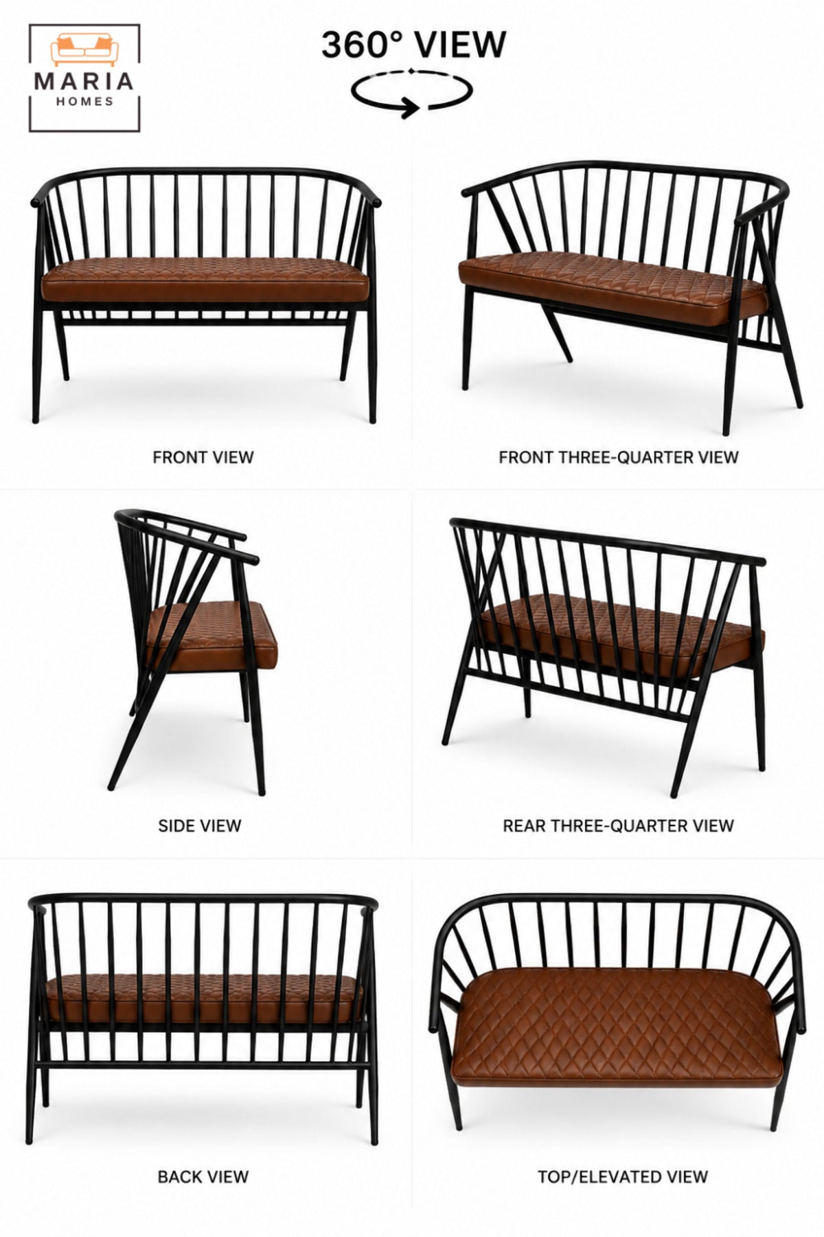 Modern 2 Seater Waiting Bench with Padded Seat, Curved Spindle Backrest and Armrests for Reception, Lounge, Office, Café & Guest Area