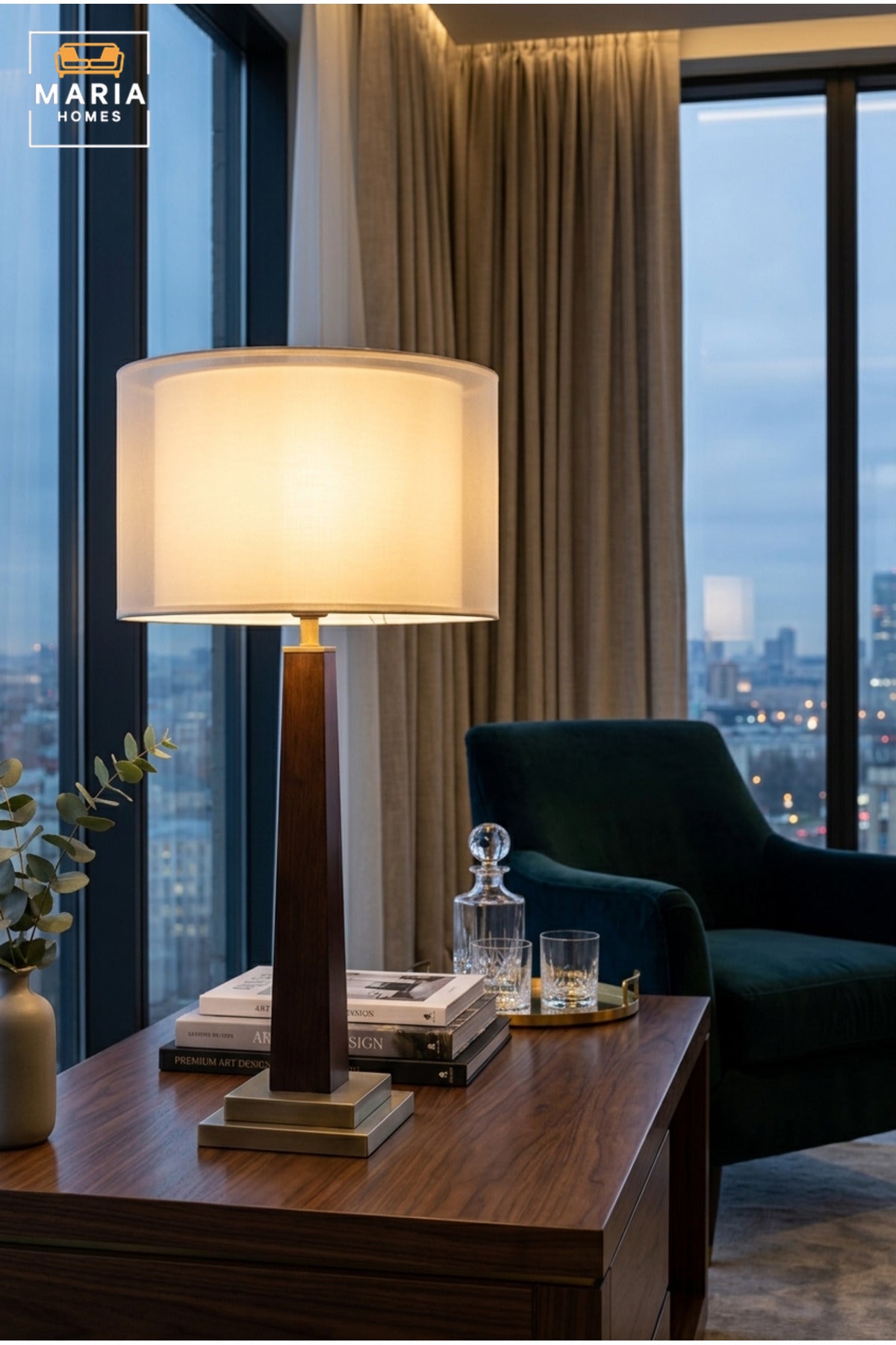 Modern Wooden Table Lamp with White Double Layer Drum Shade, Slim Tapered Base and Gold Tone Accents for Bedroom, Living Room, Office and Hotel