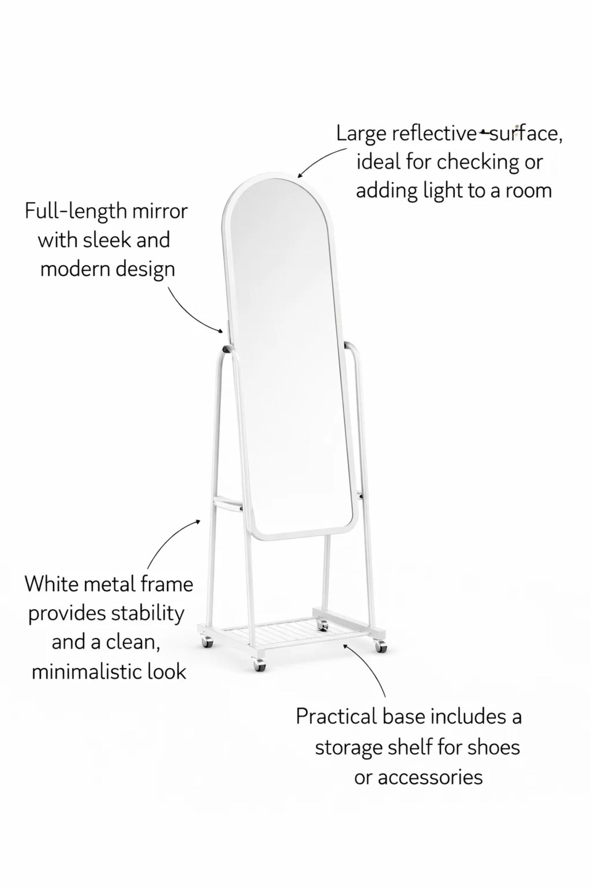 White Full Length Standing Mirror with Wheels and Shelf Adjustable Angle Arched Metal Frame Decor