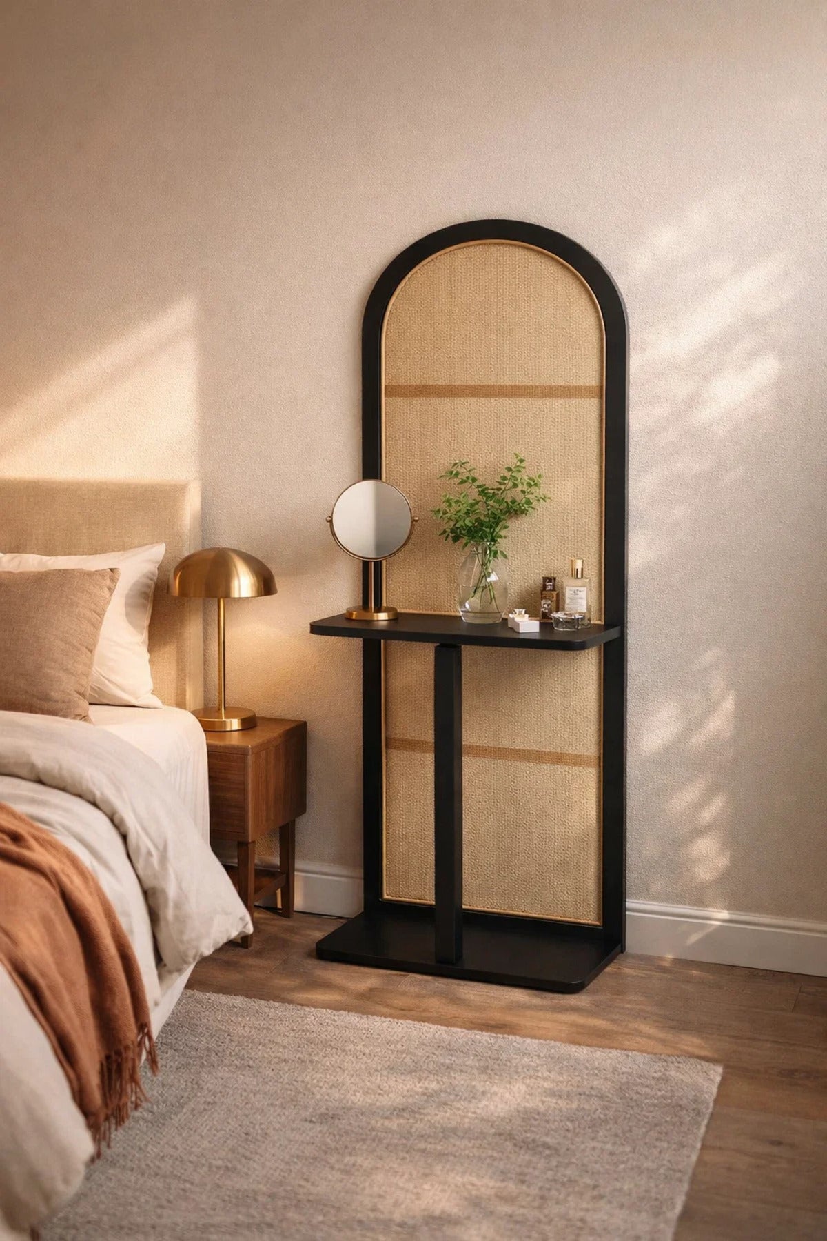 Modern Arched Orginizer Rack with Cane Panel and Black Wood Frame