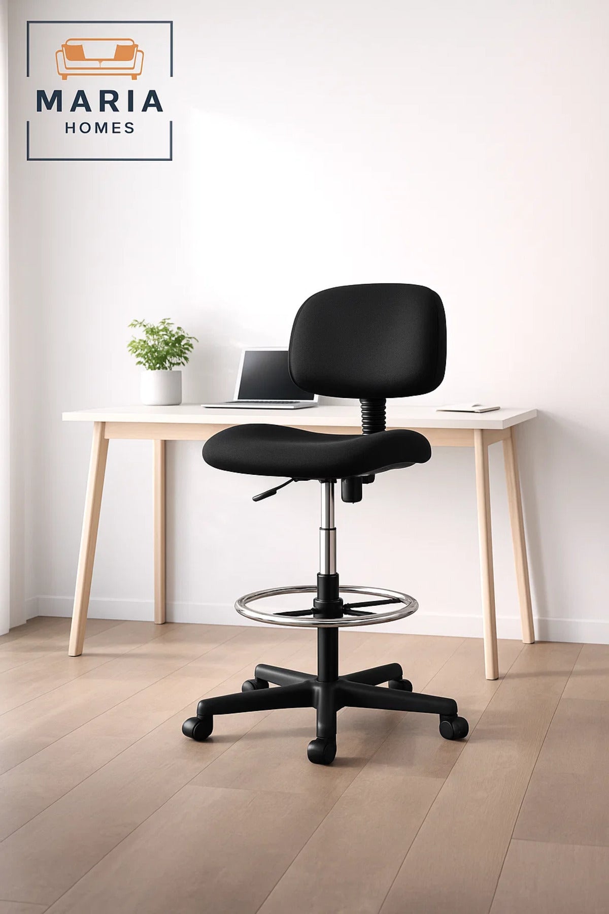 Adjustable Office Chair Black with Backrest Foot Ring and Wheels