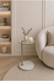 Modern Round Glass Side Table with White Marble Base and Gold Metal Frame √ê Luxury Accent End Table for Living Room, Bedroom & Lounge