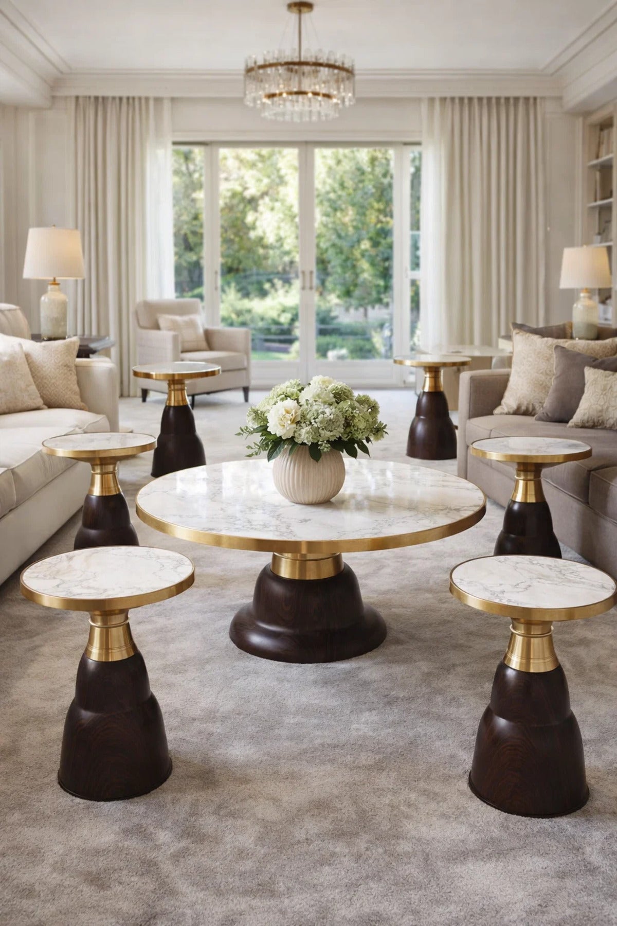 Modern 1+6 Center Table Set Marble Pattern Top Gold Detail Dark Wood Base for Elegant Salons