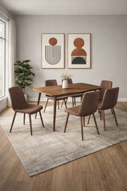 Stylish 6-Person Dining Set with Rectangular Wood Table and Brown Fabric Chairs for Modern Living