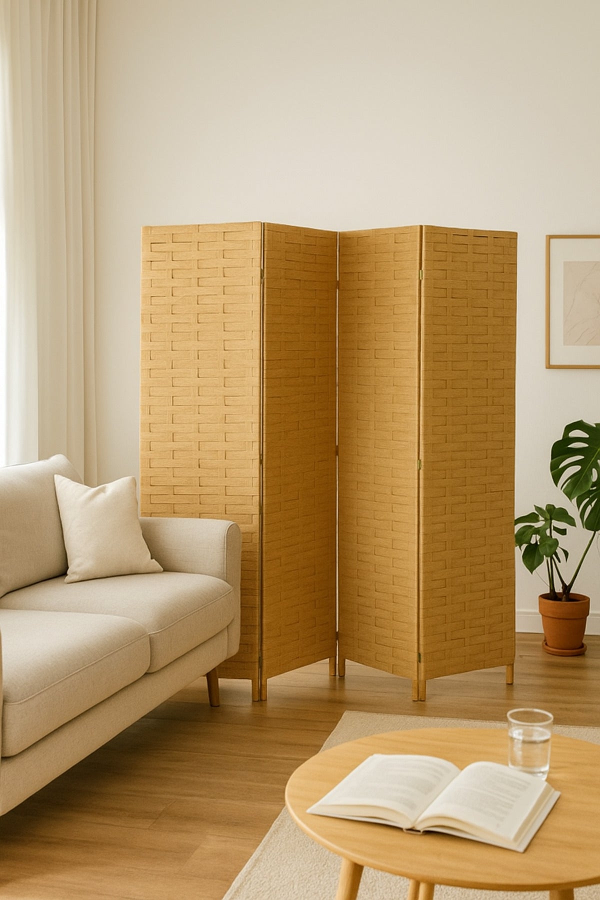 4-Panel Woven Room Divider Ð 180_180 cm Foldable Privacy Screen in Beige Rattan Design