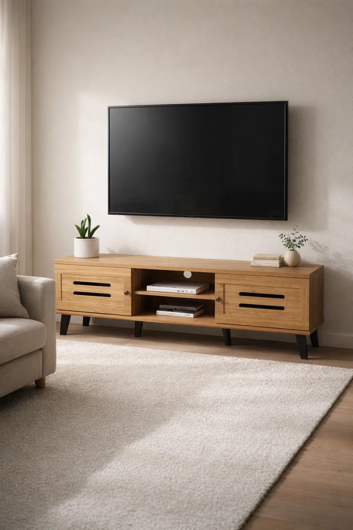 Modern Wooden TV Stand Light Brown with Slotted Front Design 160 x 40 x 44 cm