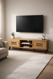 Modern Wooden TV Stand Light Brown with Slotted Front Design 160 x 40 x 44 cm