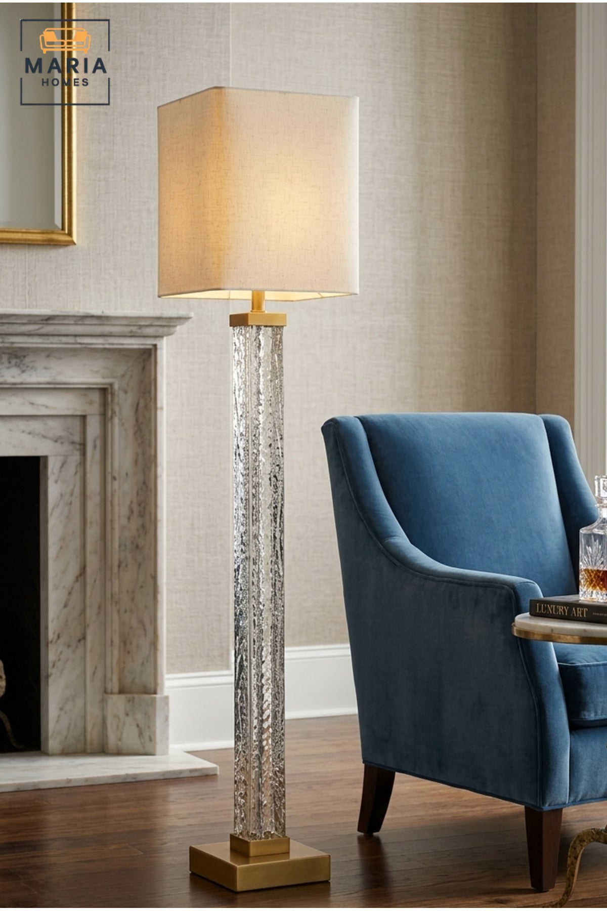 Modern Clear Glass Floor Lamp with Textured Tall Column, Gold Accents, Fabric Drum Shade and Square Base Standing Light for Living Room Bedroom Office