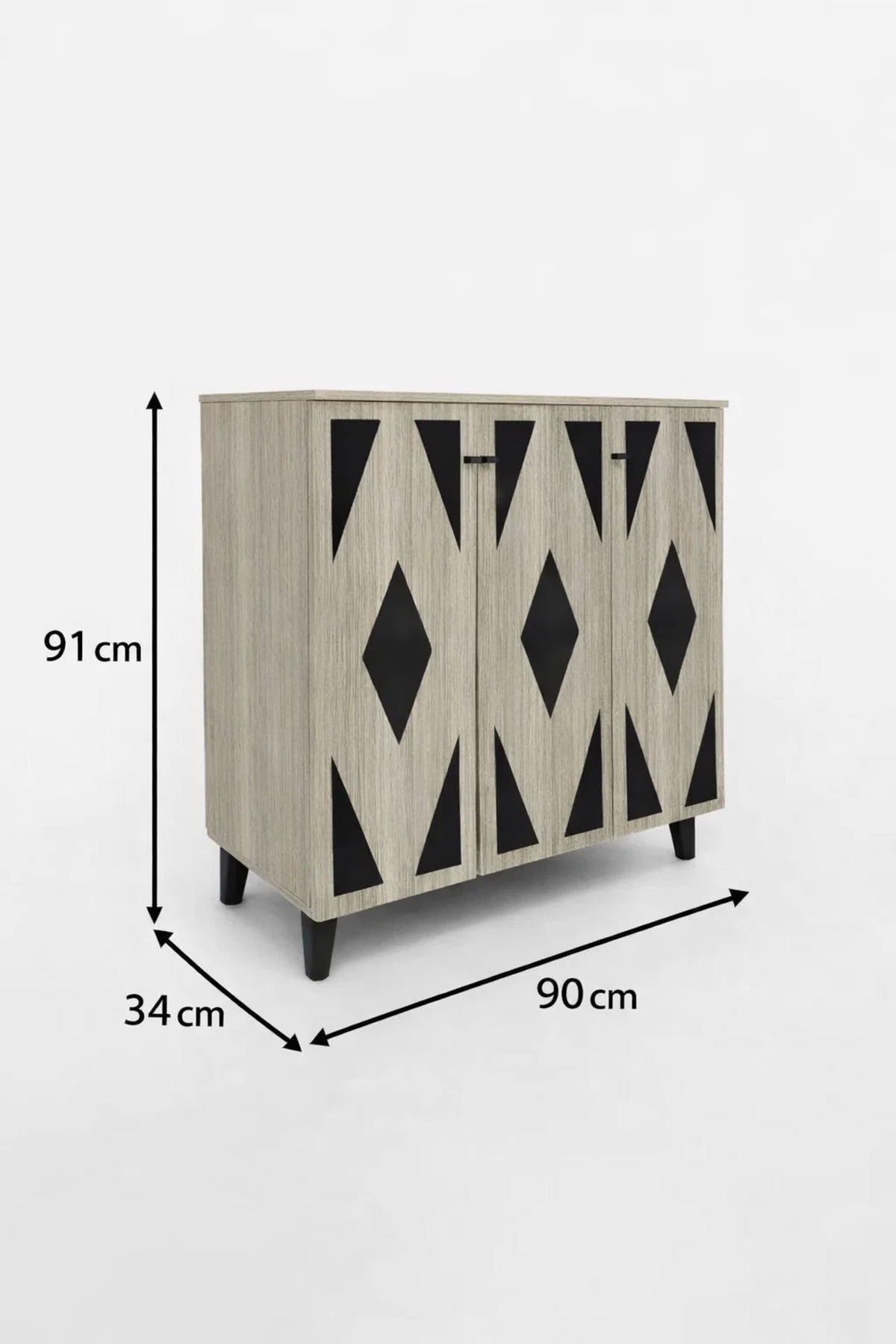 Modern 3-Door Shoe Cabinet Beige Wood Black Diamond Pattern Geometric Entryway Organizer Stand