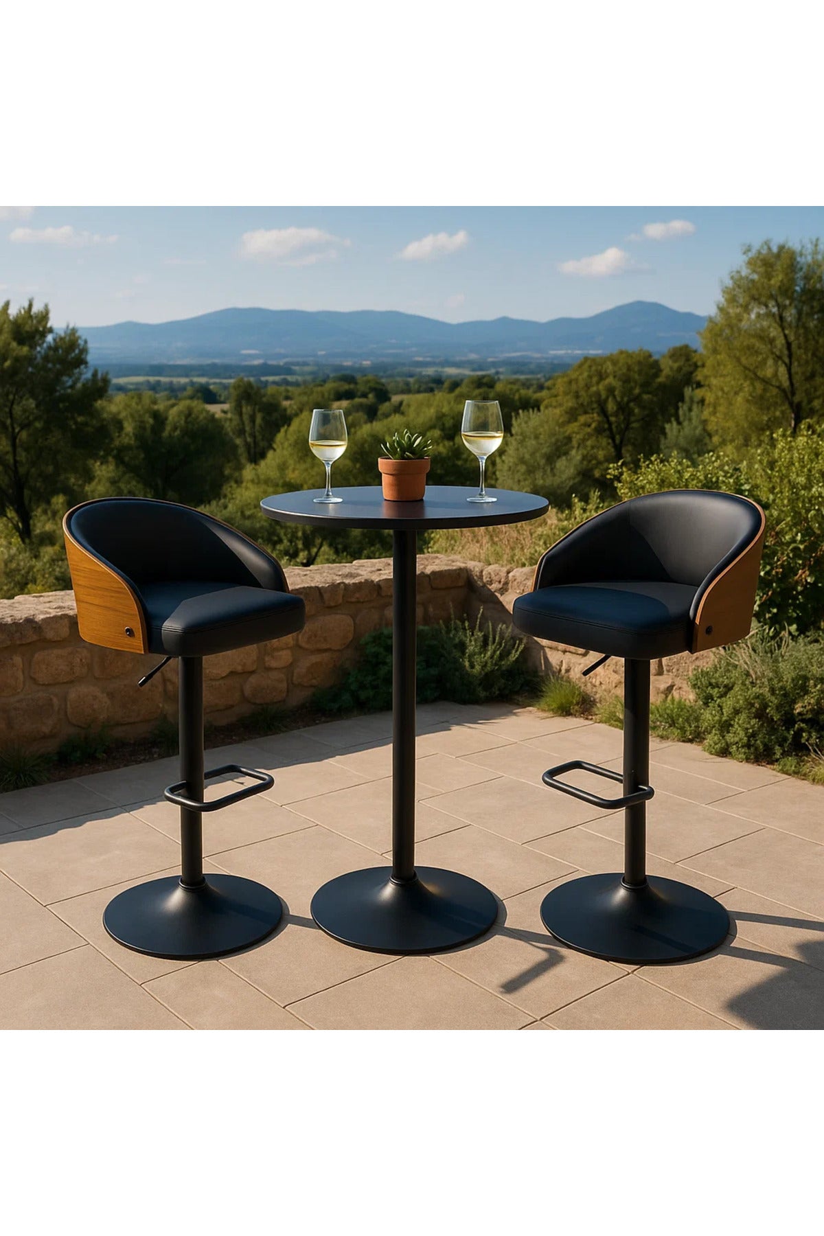 Modern Adjustable Swivel Bar Stool with Black Faux Leather and Wood Accent for Kitchen Use