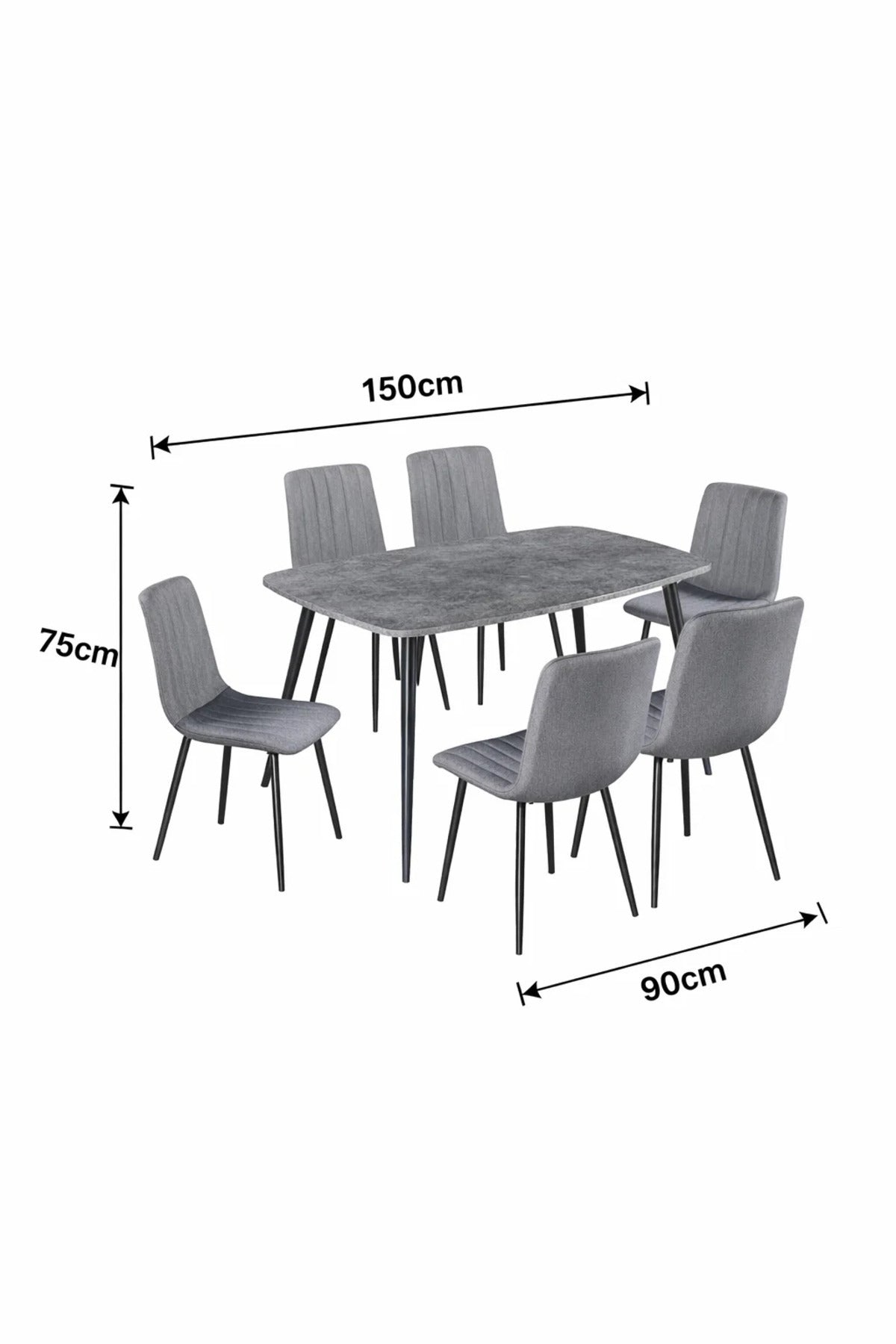 Stylish 7 Piece Dining Room Set Grey Stone Look Table 6 Fabric Chairs Metal Legs 150x90cm