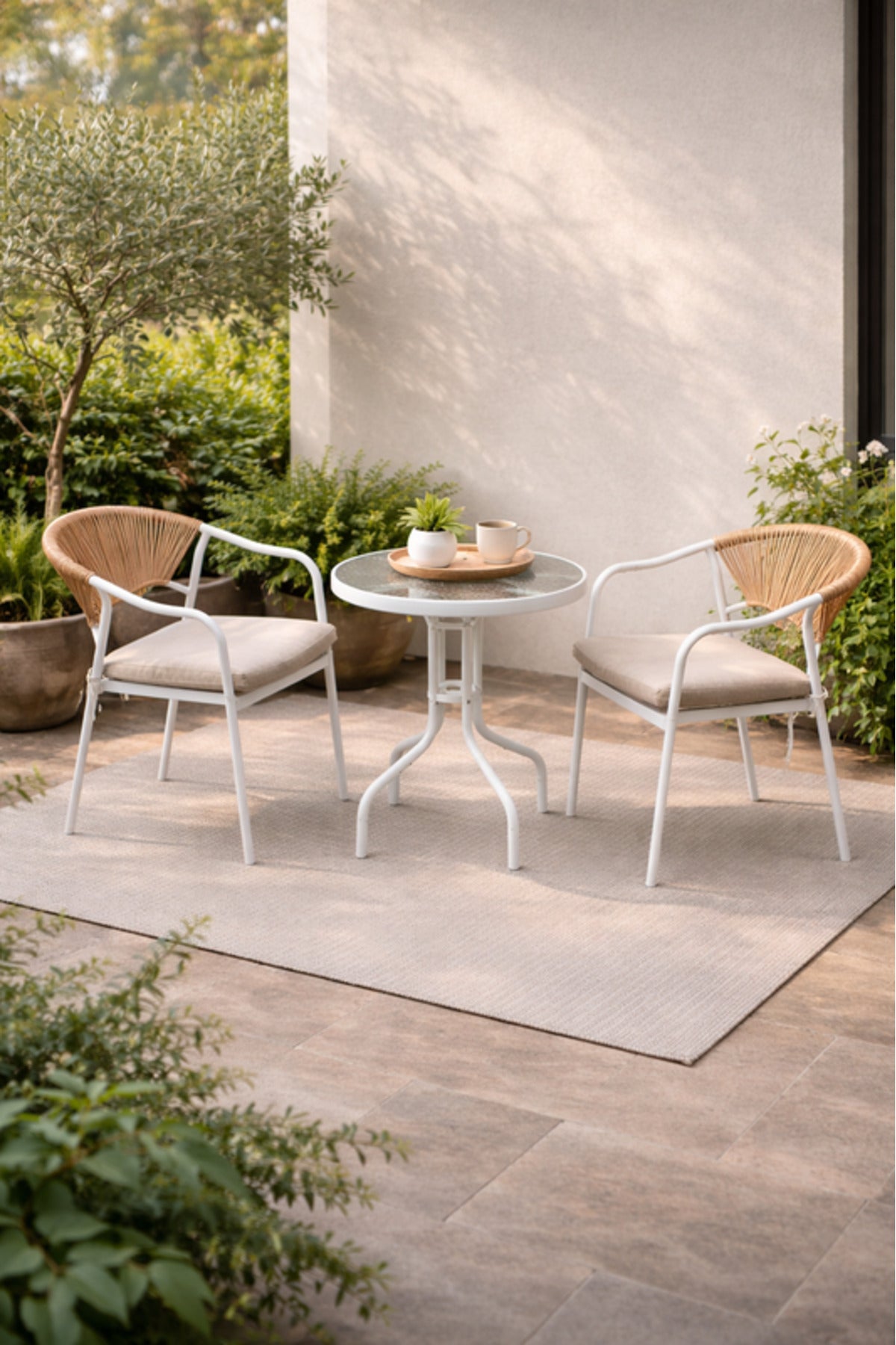 Modern 3-Piece Patio Bistro Set White Metal Frame Rope Chairs Glass Table for Balcony Garden
