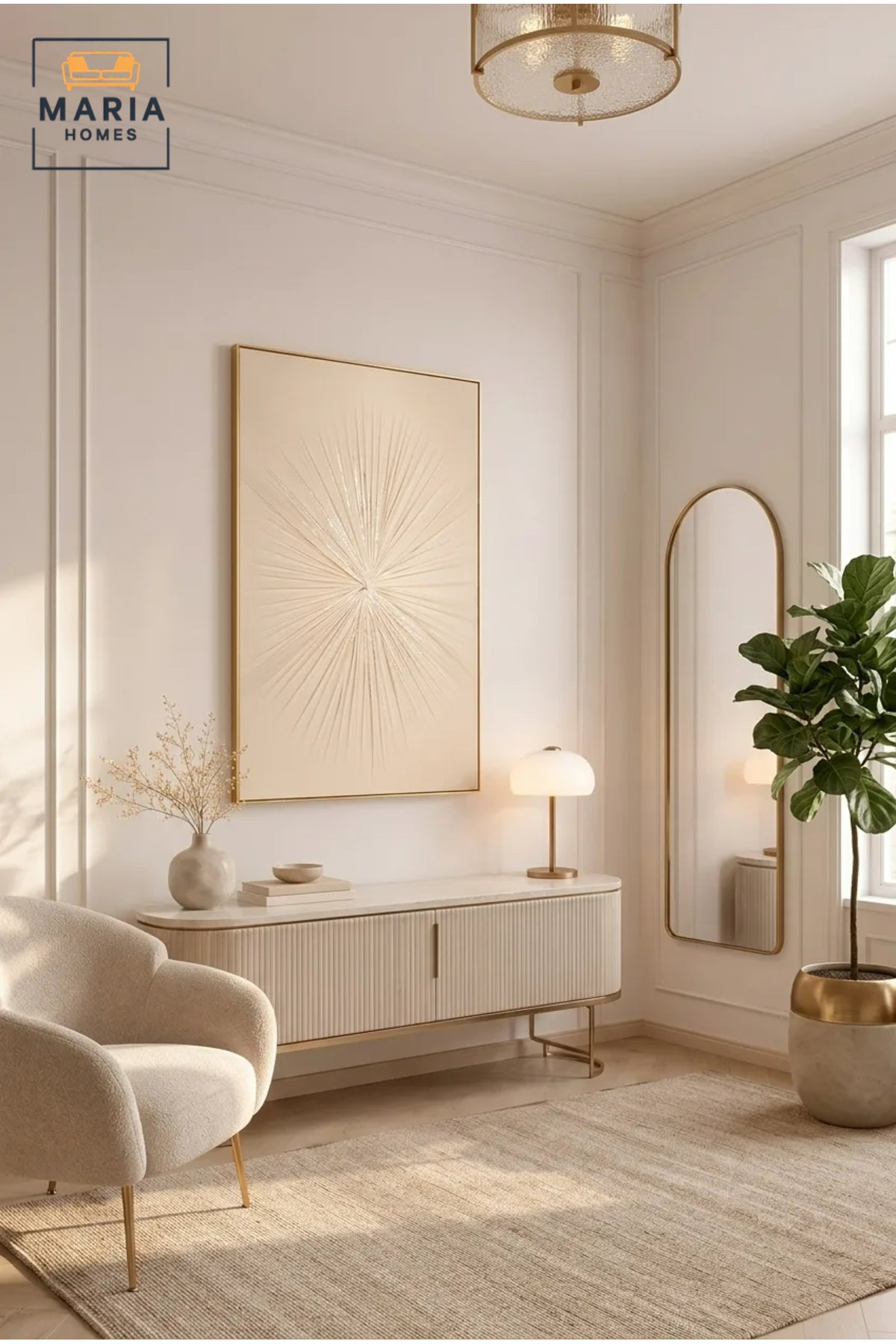Beige Sunburst Abstract Wall Art with Gold Frame √ê Luxury Modern Textured Decorative Artwork