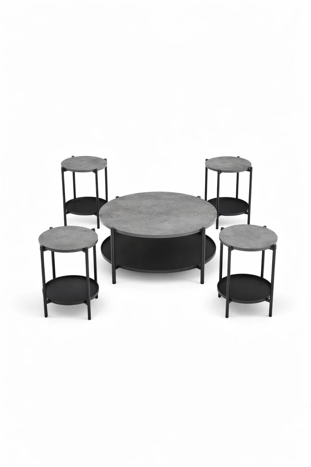 Stylish 5Piece Round Coffee Table Set Grey Stone Effect Top Black Metal Frame with Shelf Living Room