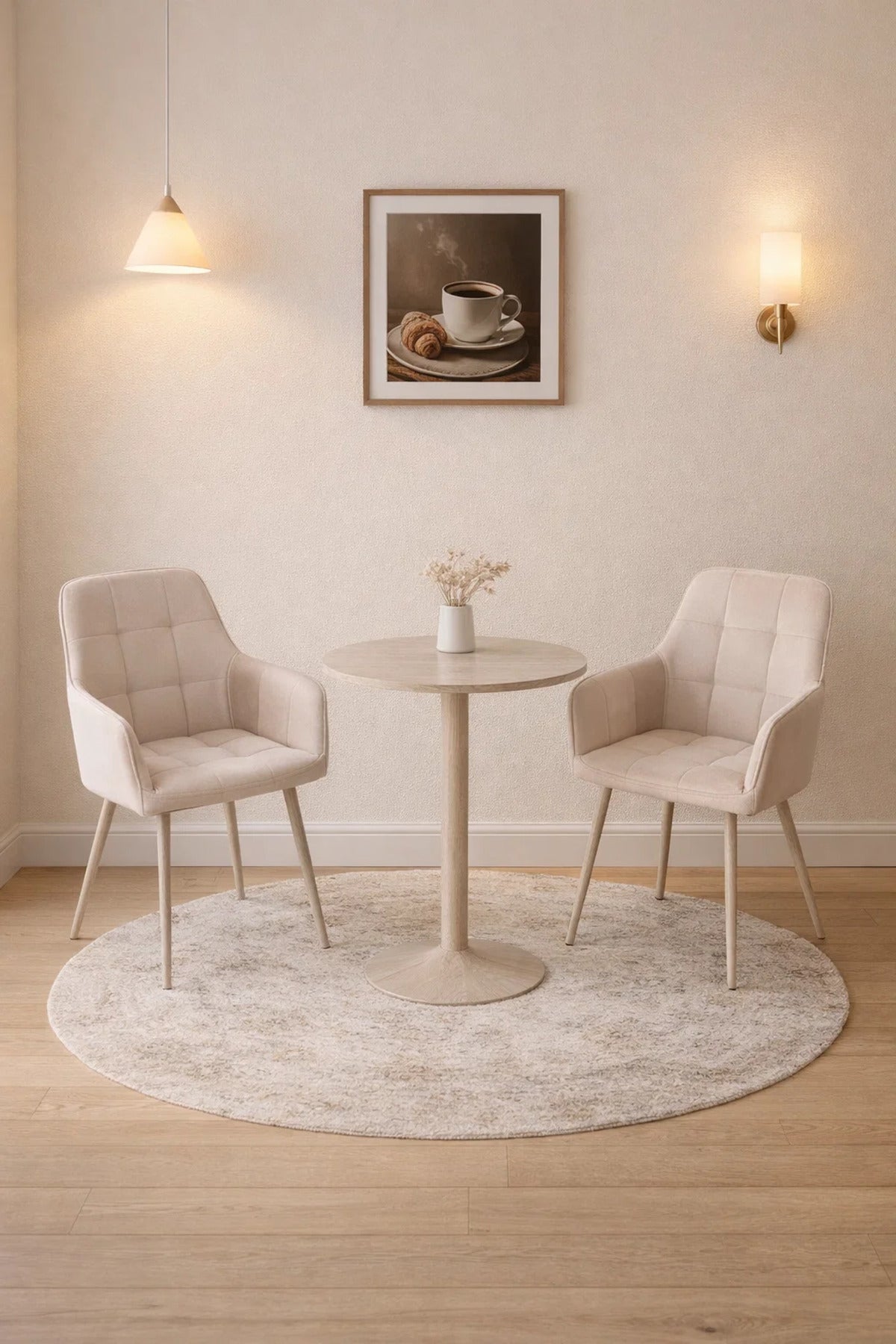 Stylish Beige Conversation Set 2 Soft Armchairs and Round Table for Balcony Cafe Office Nook