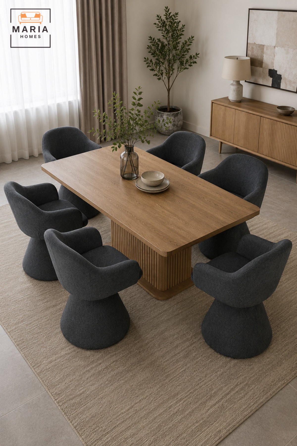 Modern 360° Swivel Dining Chair with Curved Backrest, Integrated Armrests & Pedestal Base | Upholstered Dining Room and Kitchen Chair