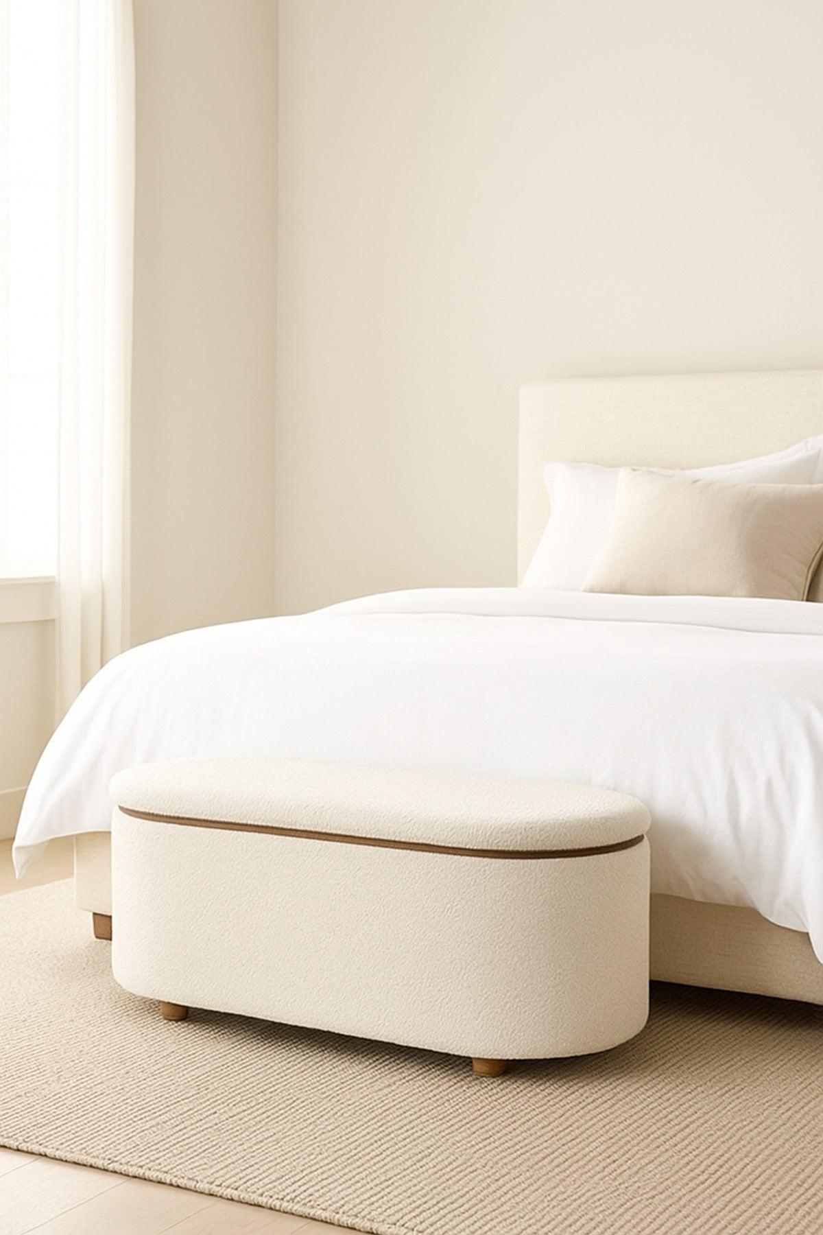 White Oval Storage Ottoman Bench with Wooden Base Ð Modern Bedroom Seat 88_35_40 cm
