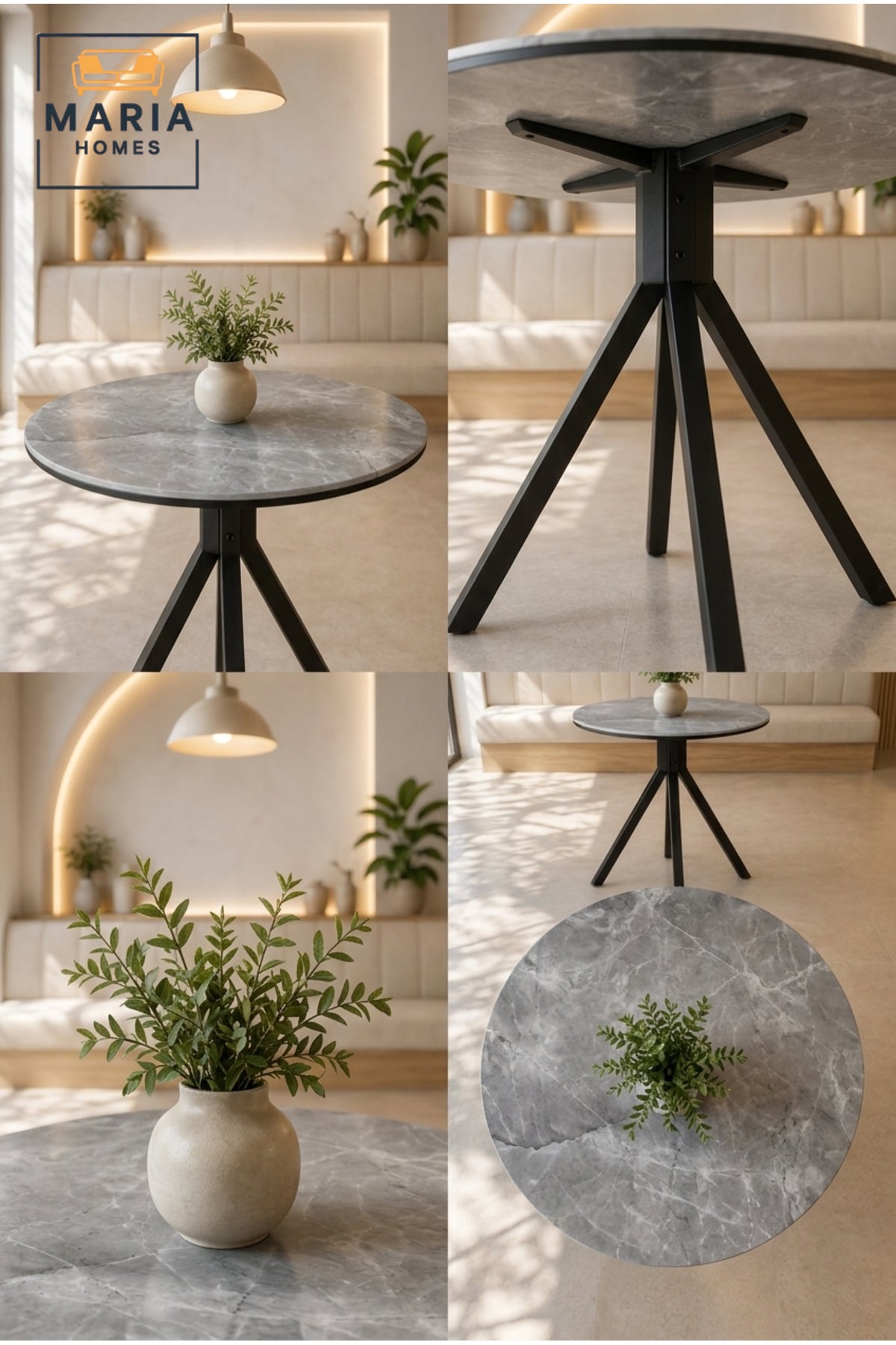 Modern Round Dining Table Marble Look Top Caf≈Ω Table Restaurant Table with Black Metal Base