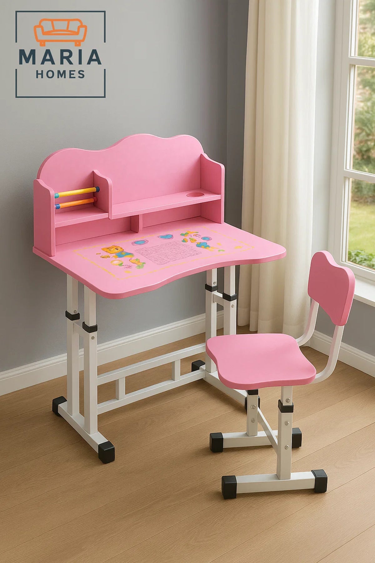 Pink Adjustable Kids Study Desk and Chair Set with Storage Shelf and Abacus