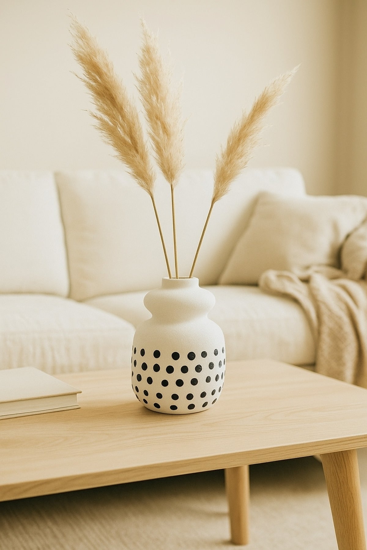 Natural White Ceramic Vase with Black Dots Ð Small Curvy Decorative Vase