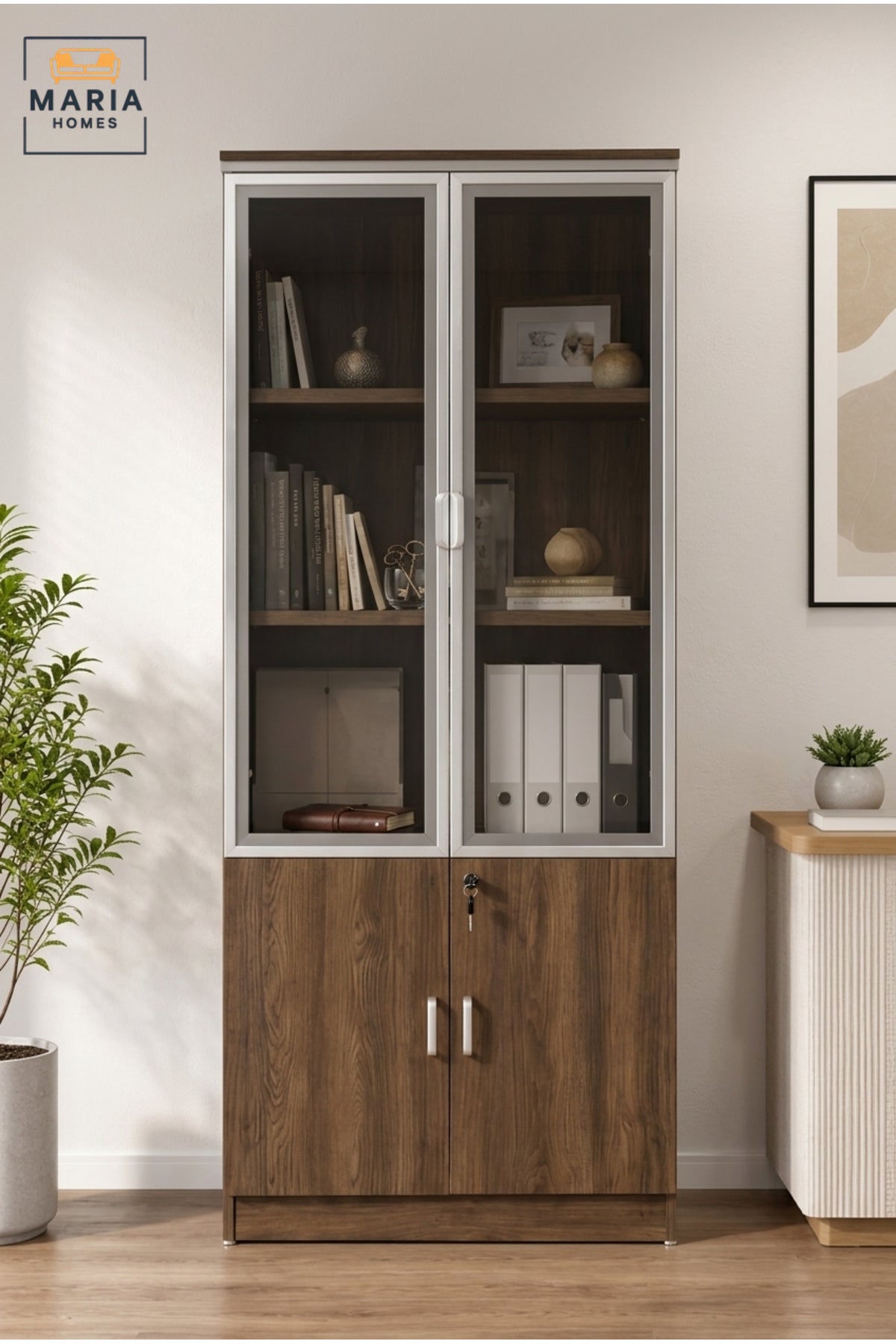 Tall Wooden Display Cabinet with Glass Doors √ê Office Storage Bookcase & Filing Cabinet