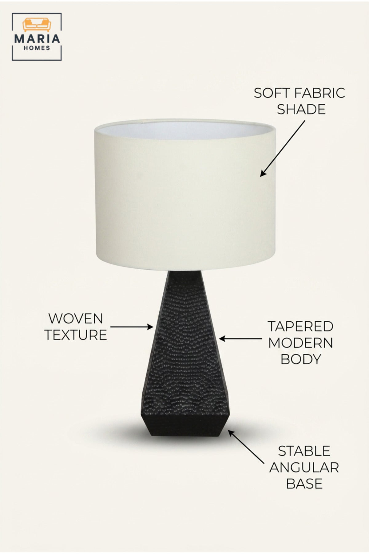 Modern Black Textured Table Lamp with White Drum Fabric Shade and Geometric Tapered Base for Bedroom, Living Room, Office, Hotel and Bedside Décor