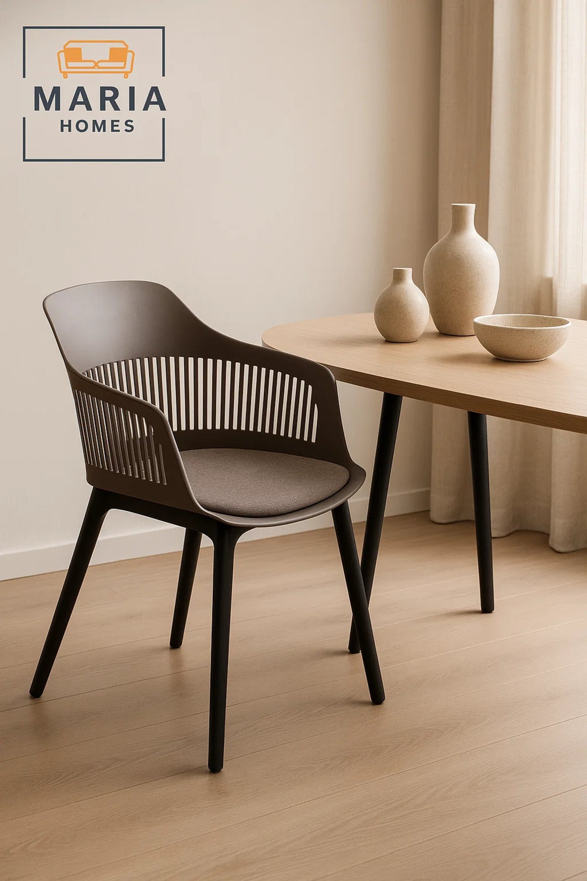 Coffee Plastic Armchair with Black Legs Modern Ventilated Backrest Chair Indoor & Outdoor Seating