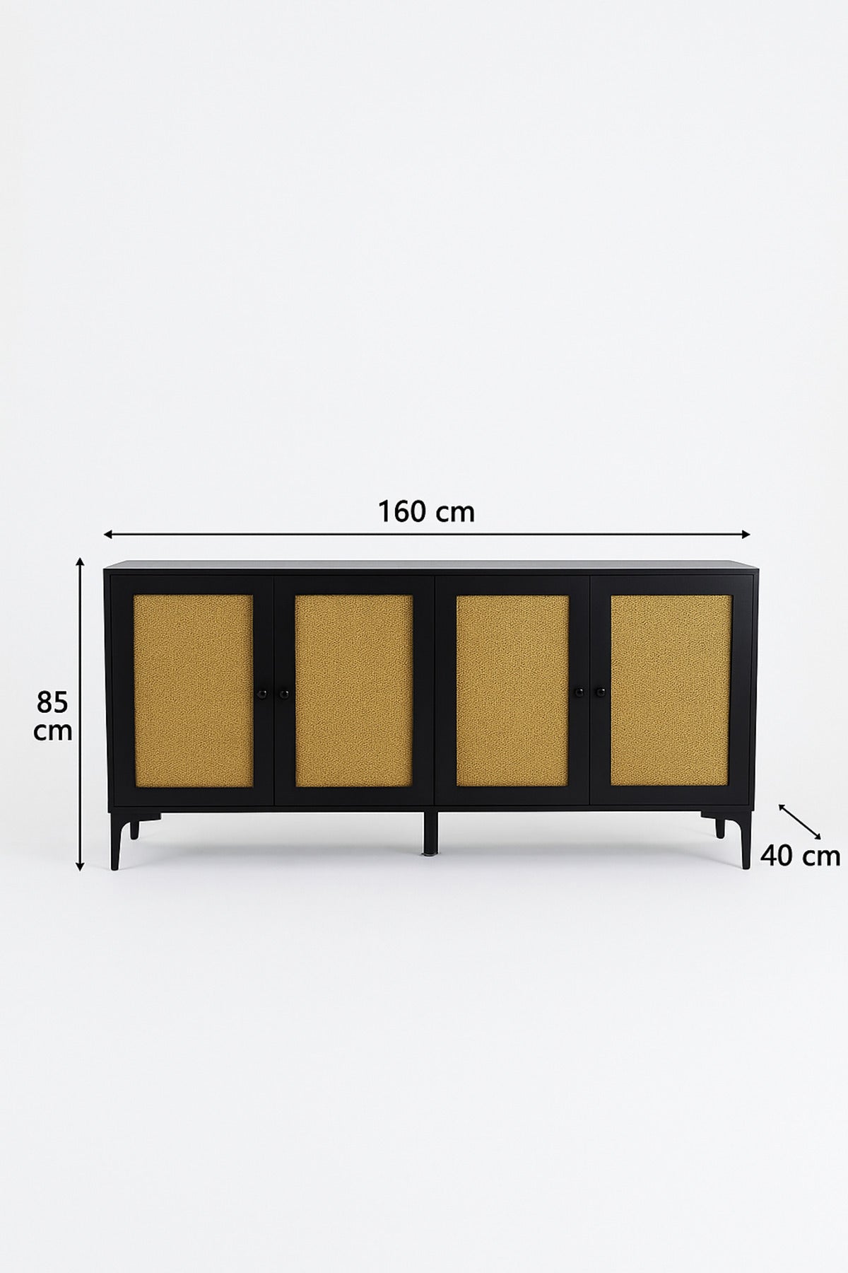 Black Rattan Console Table 160_40_85 cm Ð Modern Wooden 4-Door Storage Cabinet with Cane Doors