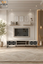 Modern TV Stand with Geometric Doors √ê Entertainment Unit with Open Storage Shelves