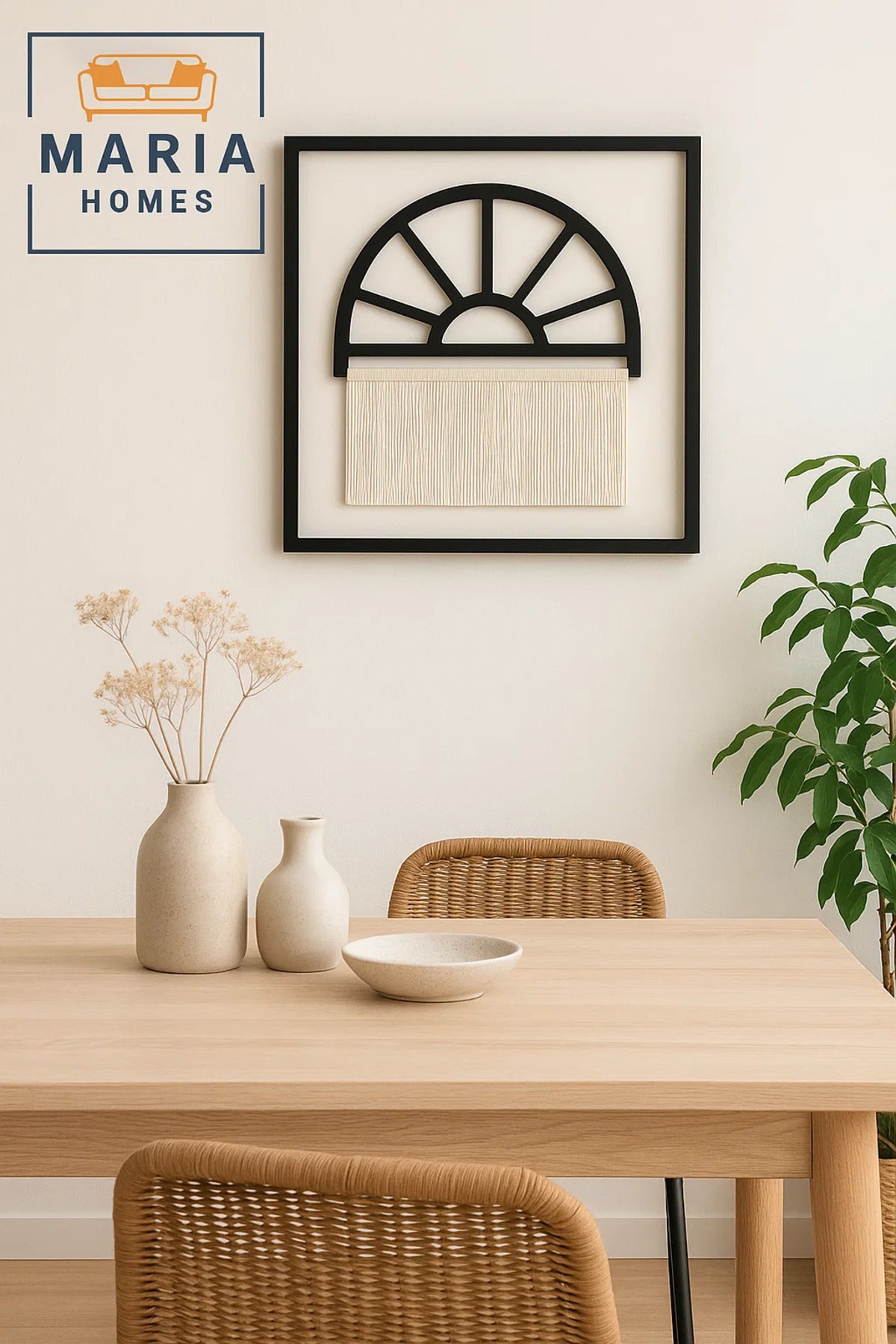 Half Arch Wall Art with Black Frame and Hanging Fringe Accent-size 90*90*3 CM