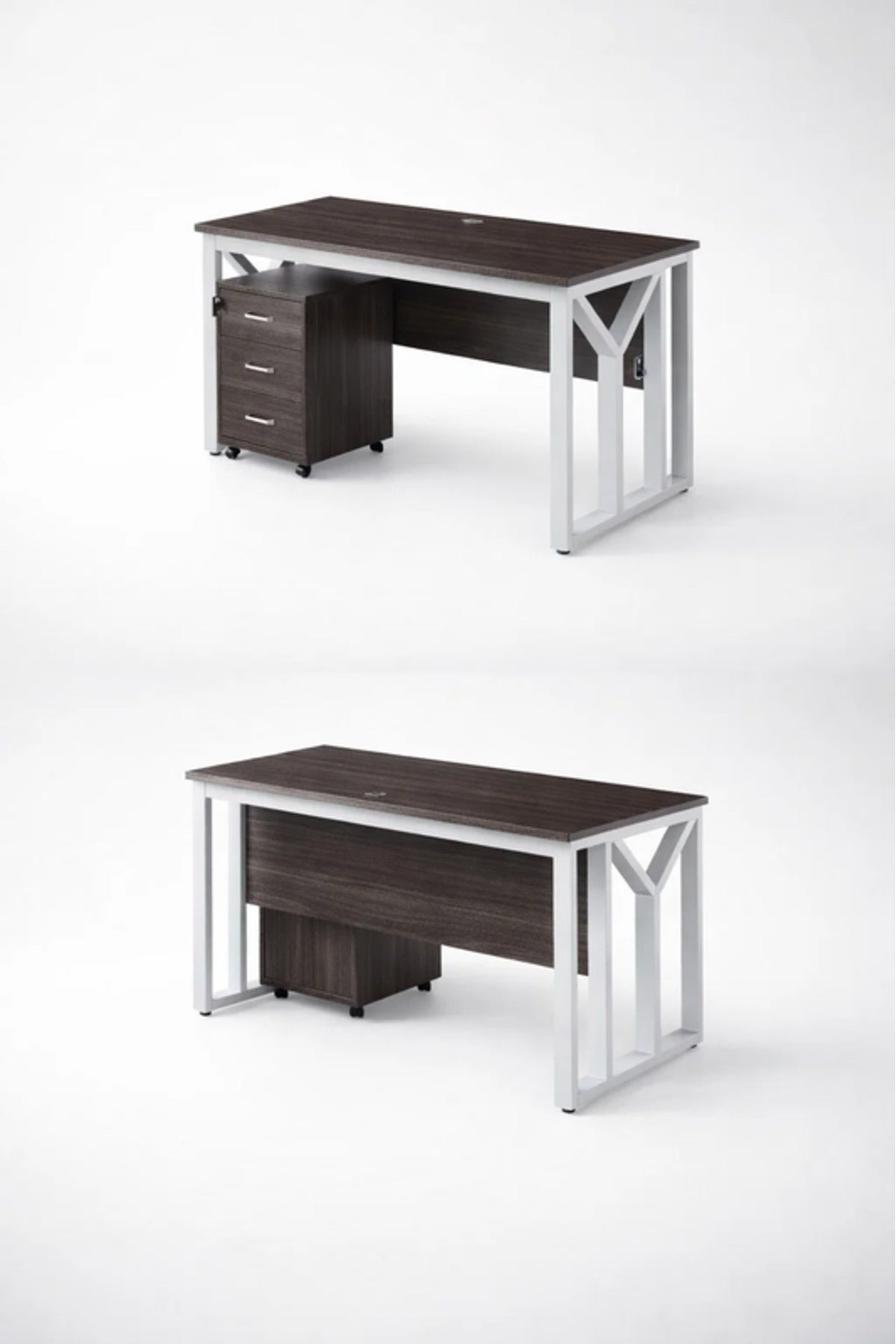 Modern Grey Desk with White Metal Frame and 3-Drawer Storage
