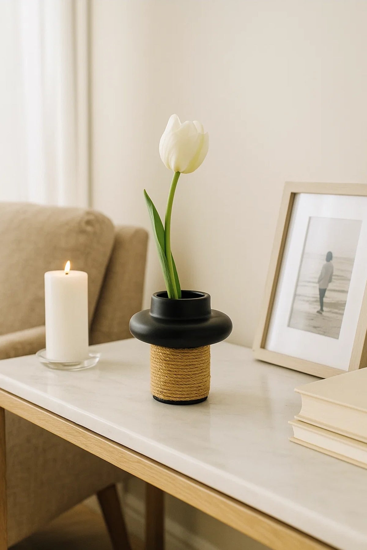 Black Ceramic Rope Design Vase Ð Modern Decorative Flower Pot for Home and Office DŽcor