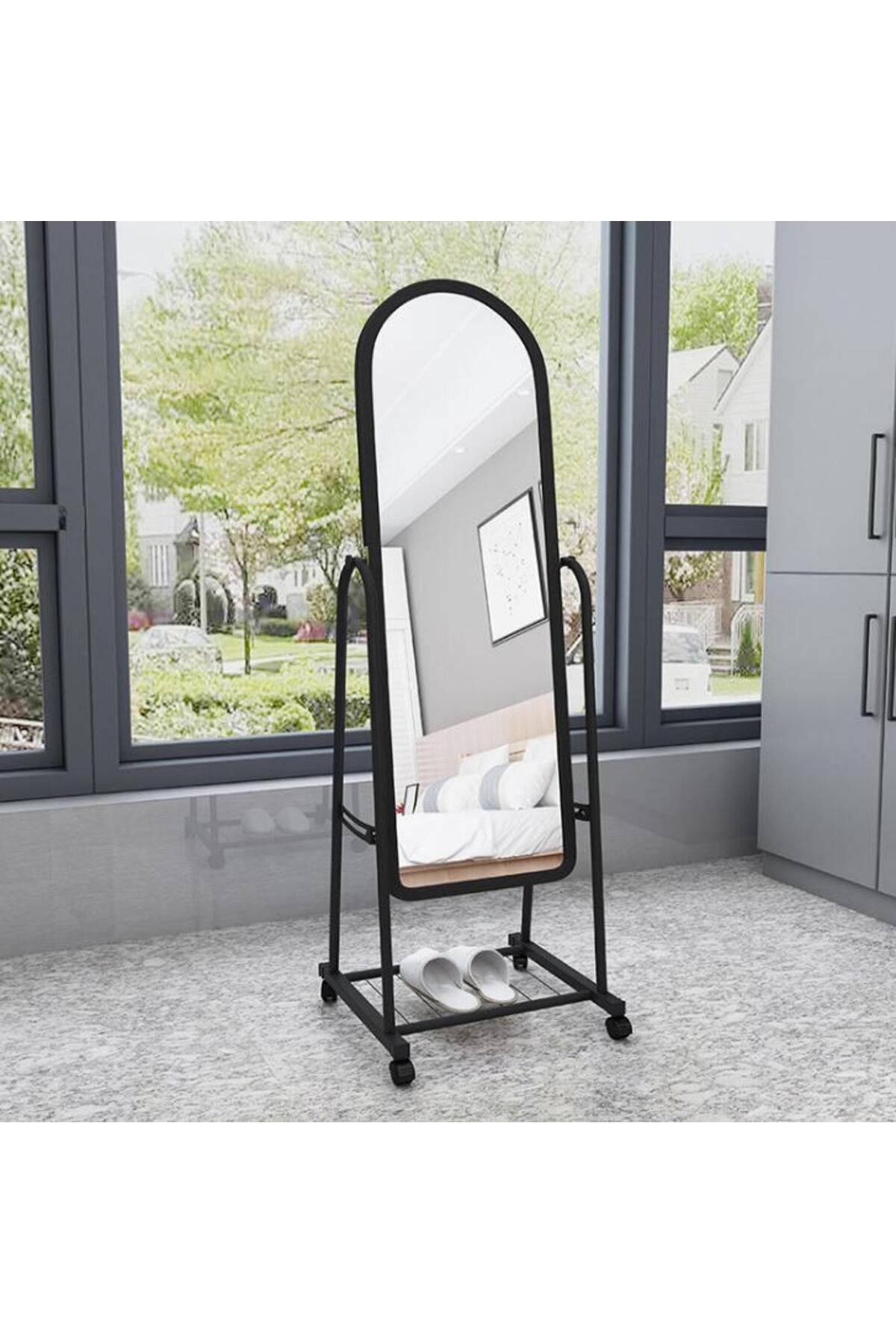 Black Full-Length Mirror with Wheels and Storage Shelf Ð Freestanding Metal Dressing Mirror Stand