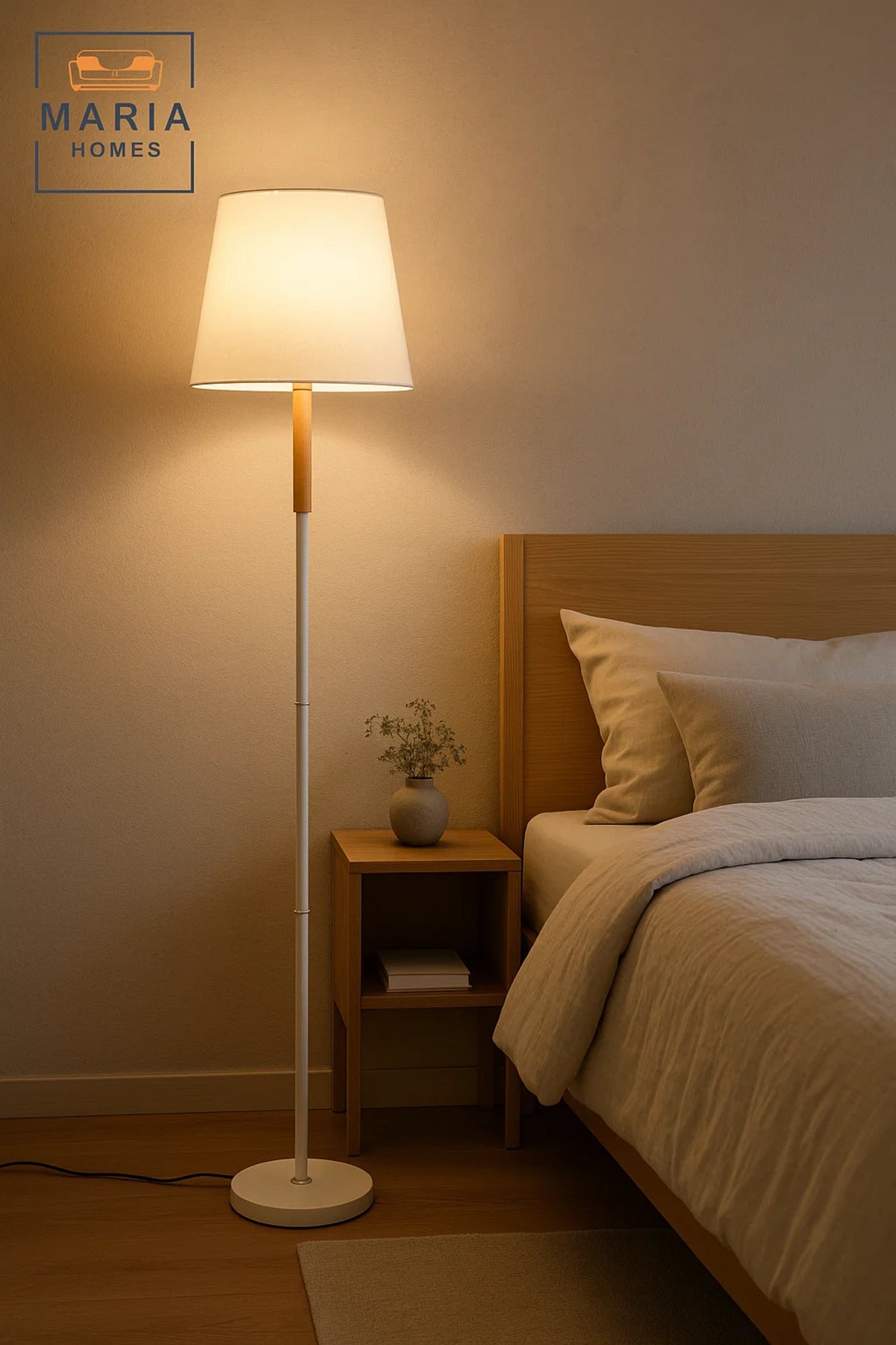 White Floor Lamp with Wooden Accent and Round Base