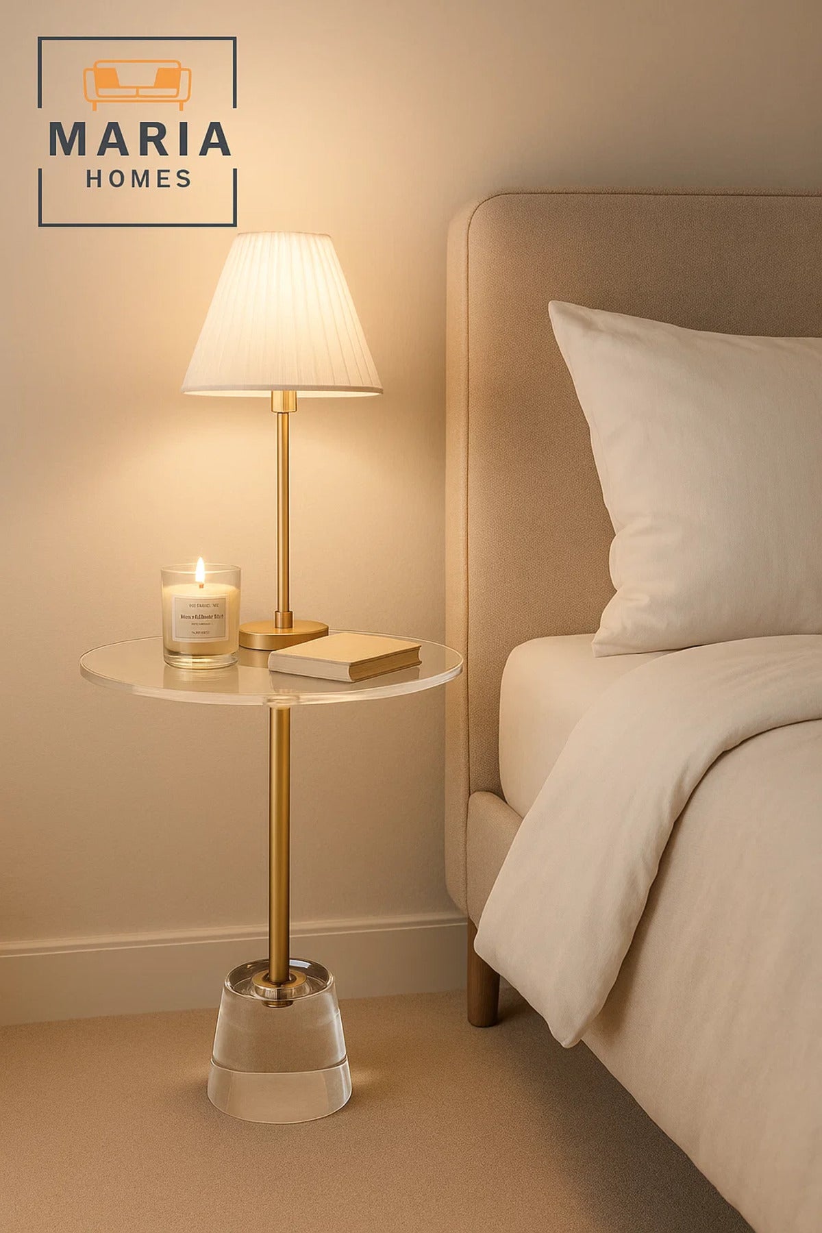 Modern Acrylic Round Side Table 40_40_50 cm with Gold Metal Support Clear Crystal Base