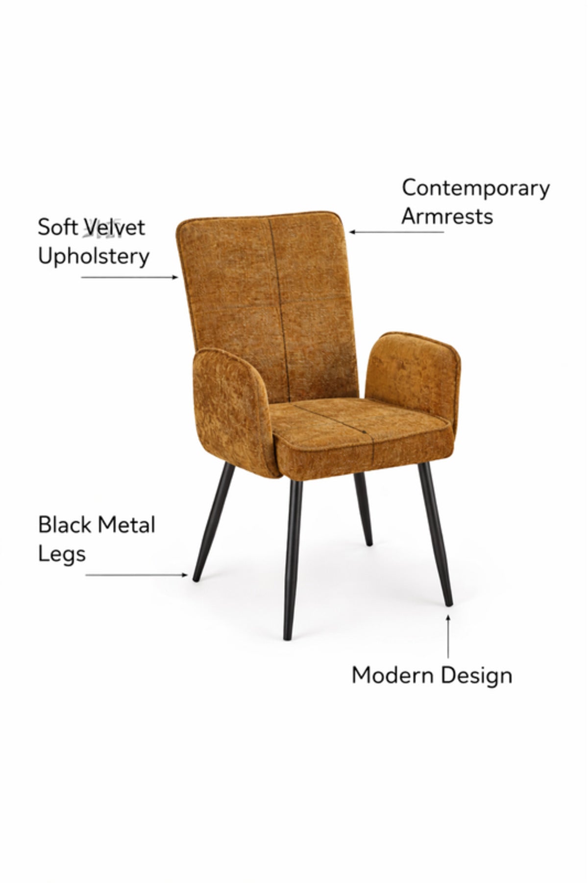 Dark Yellow Upholstered Dining Chair with Armrests and Metal Legs 96x49x46cm dark