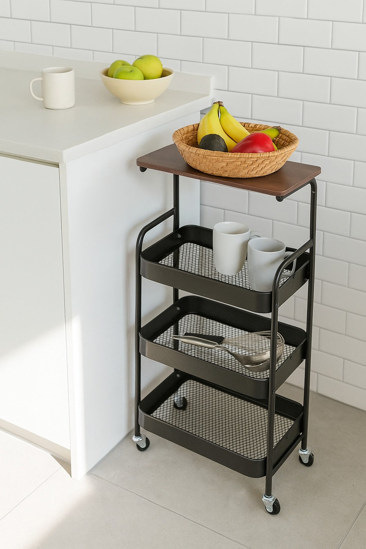 3-Tier Black Metal Storage Trolley with Wooden Top Ð Multi-Purpose Rolling Organizer Cart