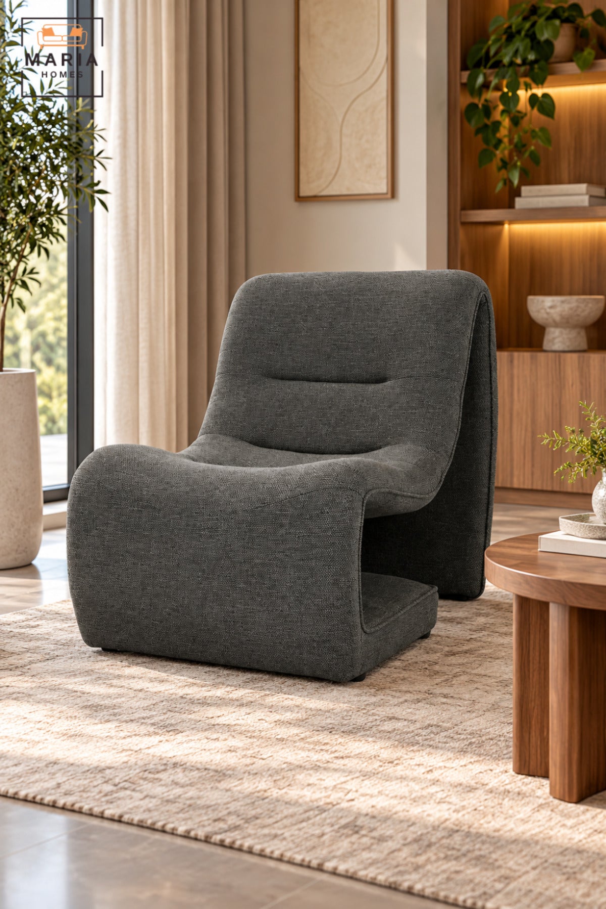 Modern Dark Grey Upholstered Accent Chair with Sculptural Curved Design, Padded Seat for Living Room, Bedroom, Lounge & Reading Corner