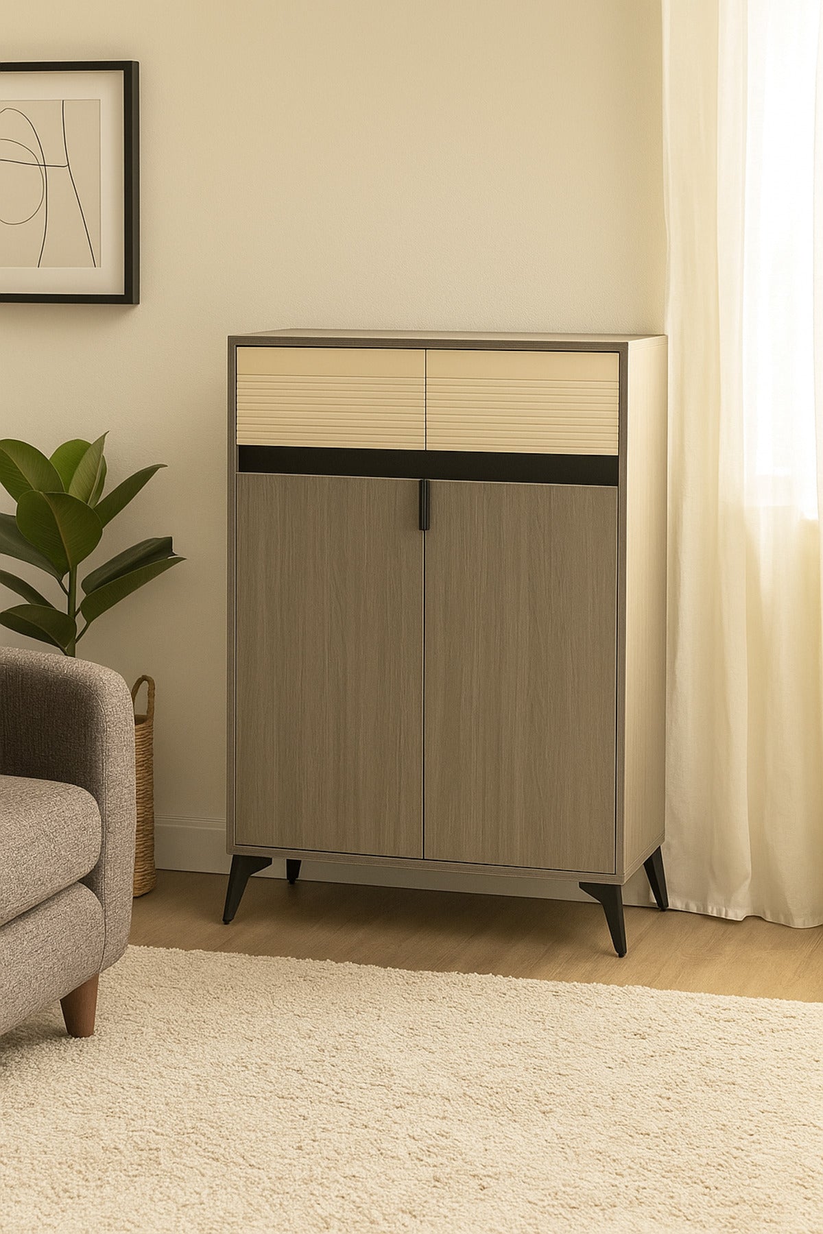 Modern Grey Storage Cabinet with Cream Drawers Ð 2-Door Wooden Sideboard 80_33_95 cm