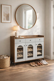 Stylish Shoe Cabinet 120cm Entryway Console Table with 3 Drawers and Arched Glass Doors - Brown