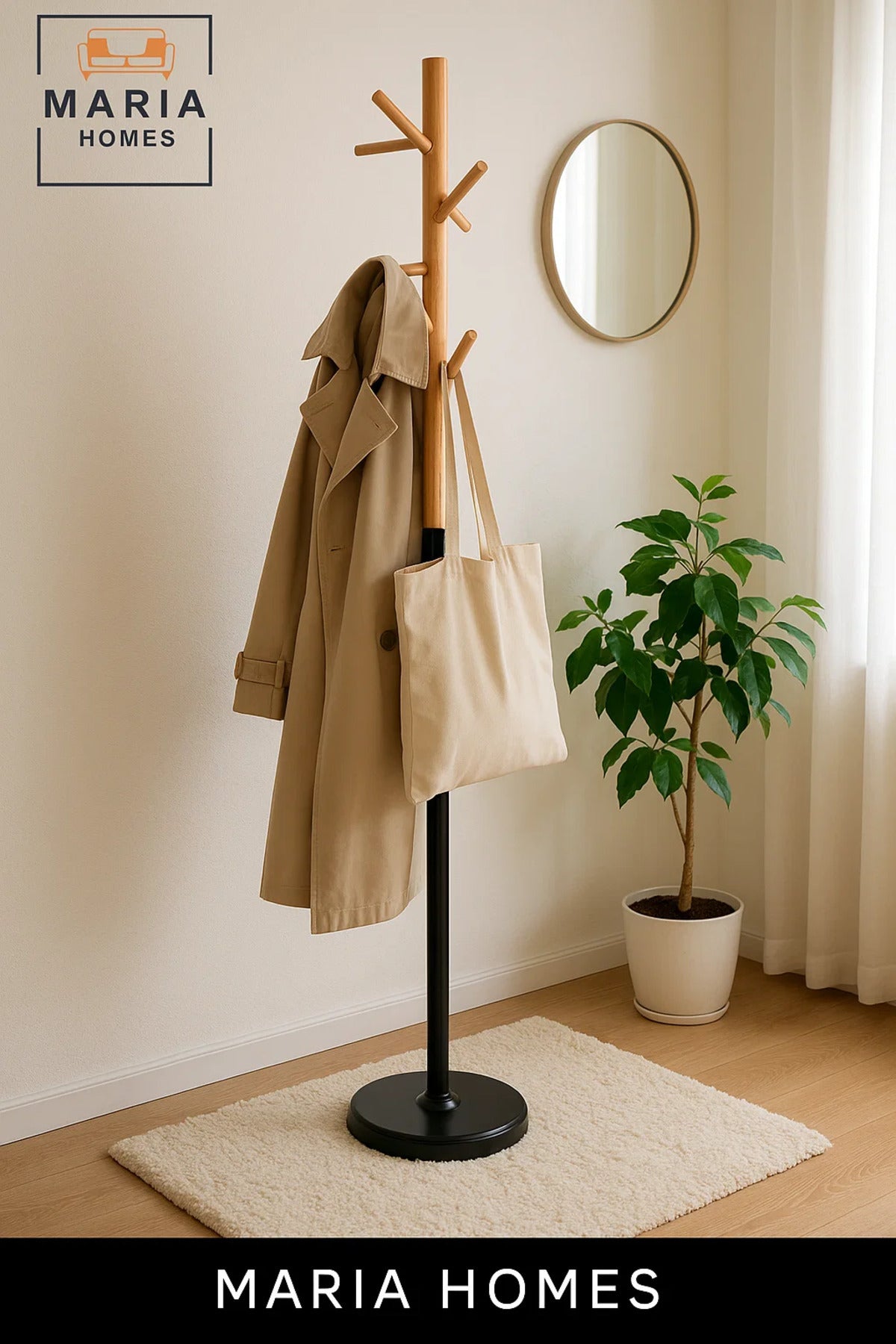 Wooden Tree-Style Coat Rack with Black Metal Base