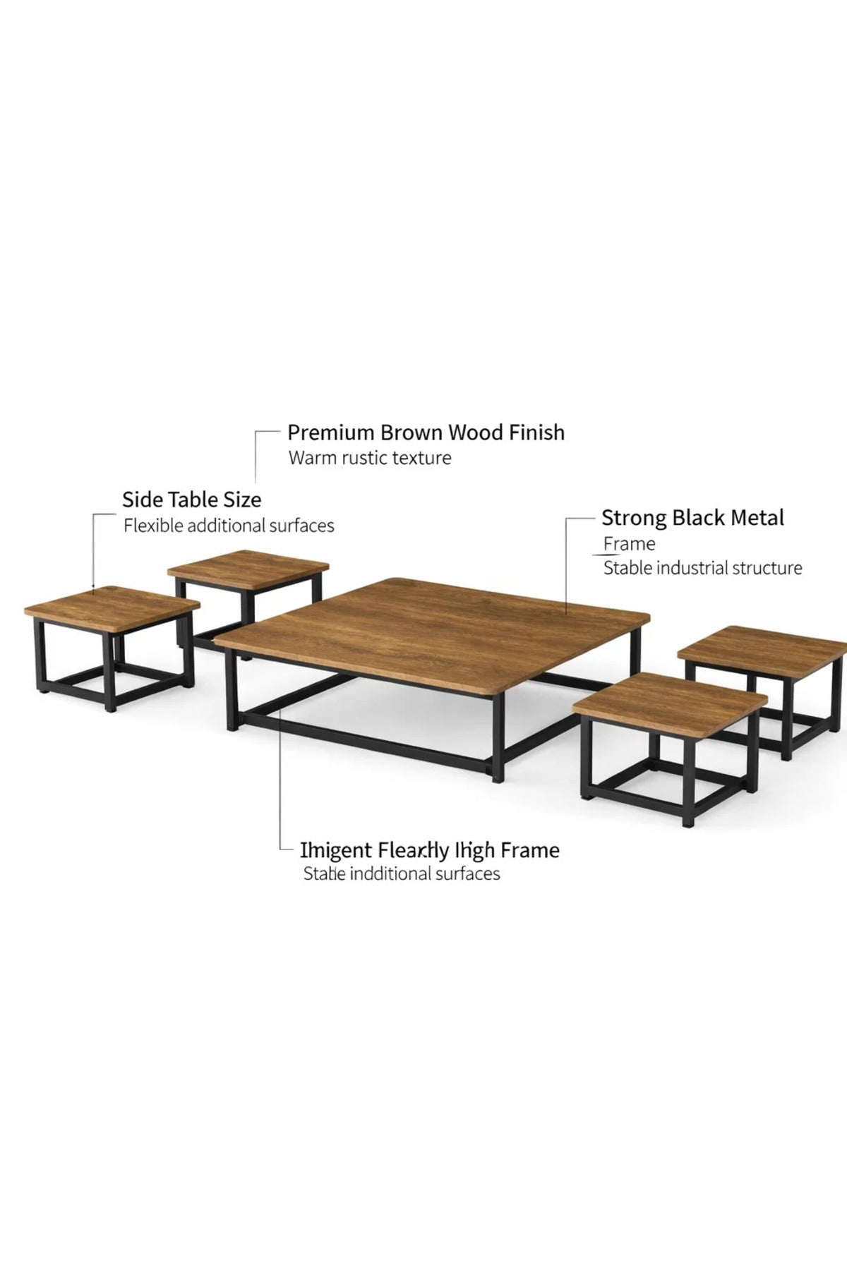 Rustic Brown 5-Piece Low Floor Coffee Table Set Industrial Metal Frame Center Table for Living Room