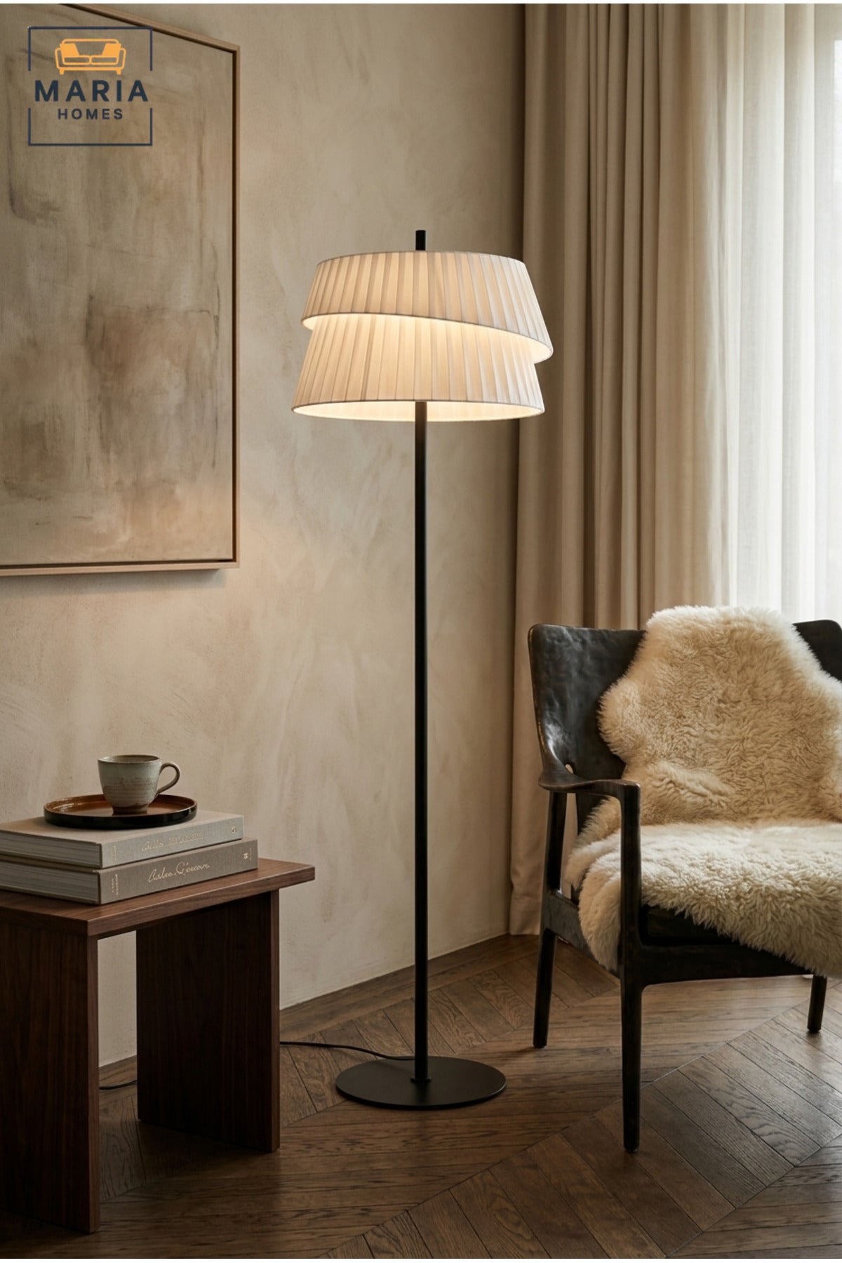 Modern Floor Lamp with Layered Pleated Fabric Shade, Slim Upright Stand and Round Base Decorative Standing Light for Living Room Bedroom Office and Hotel